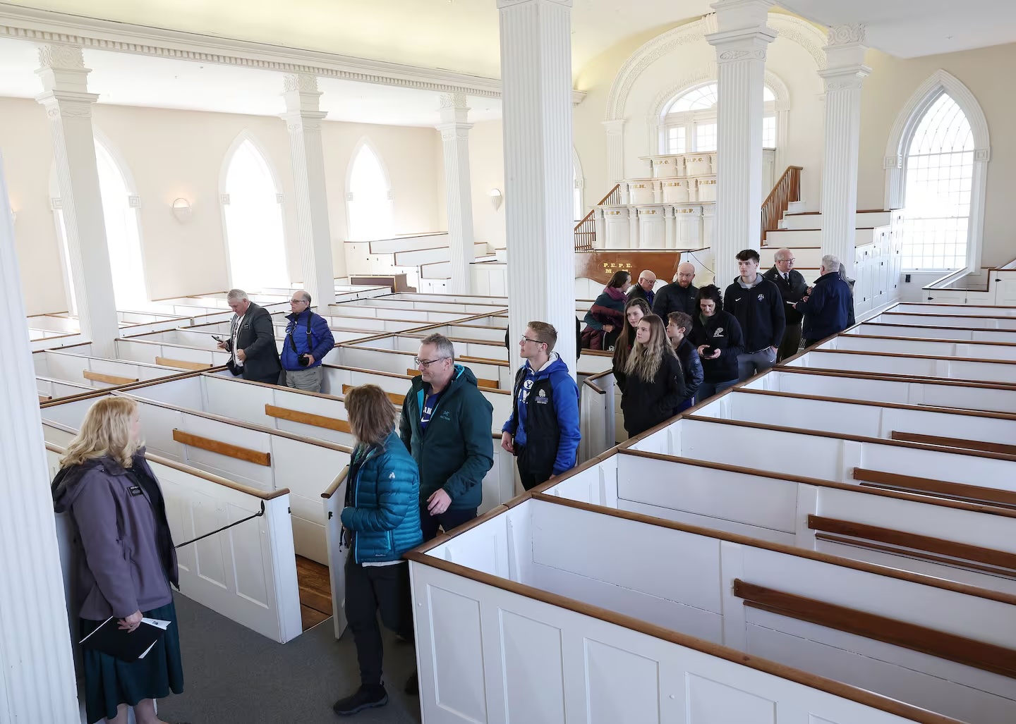 Missionaries lead the first Kirtland Temple tour since stewardship of the sacred building transferred from Community of Christ to The Church of Jesus Christ of Latter-day Saints, in Kirtland, Ohio, on Monday, March 25, 2024.