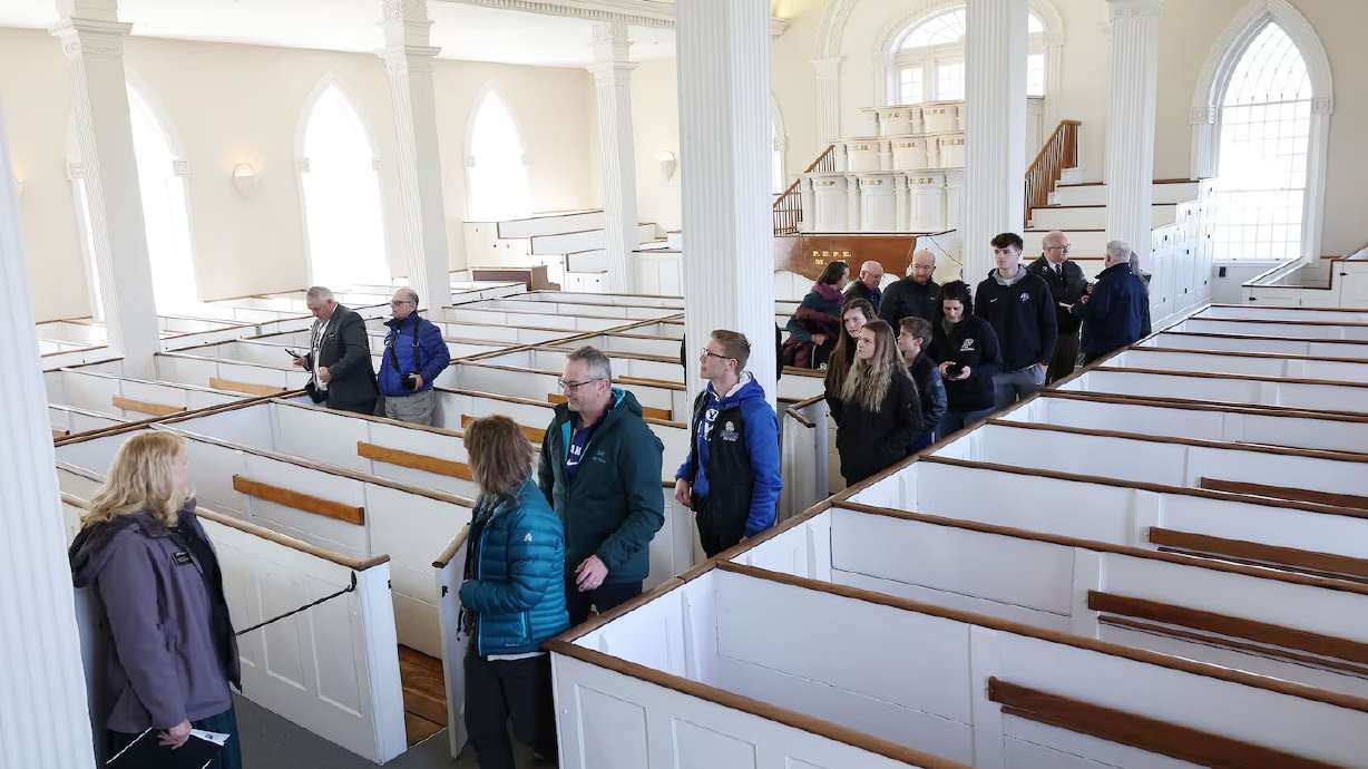 Missionaries lead the first Kirtland Temple tour since stewardship of the sacred building transferred from Community of Christ to The Church of Jesus Christ of Latter-day Saints, in Kirtland, Ohio, on Monday, March 25, 2024.