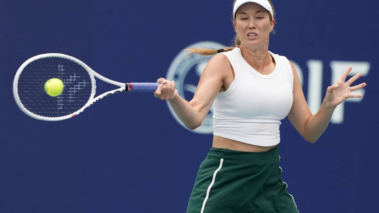 Danielle Collins hits a return to Elena Rybakina, of Kazakhstan, during the women's singles final of the Miami Open tennis tournament, Saturday, March 30, 2024, in Miami Gardens, Fla.