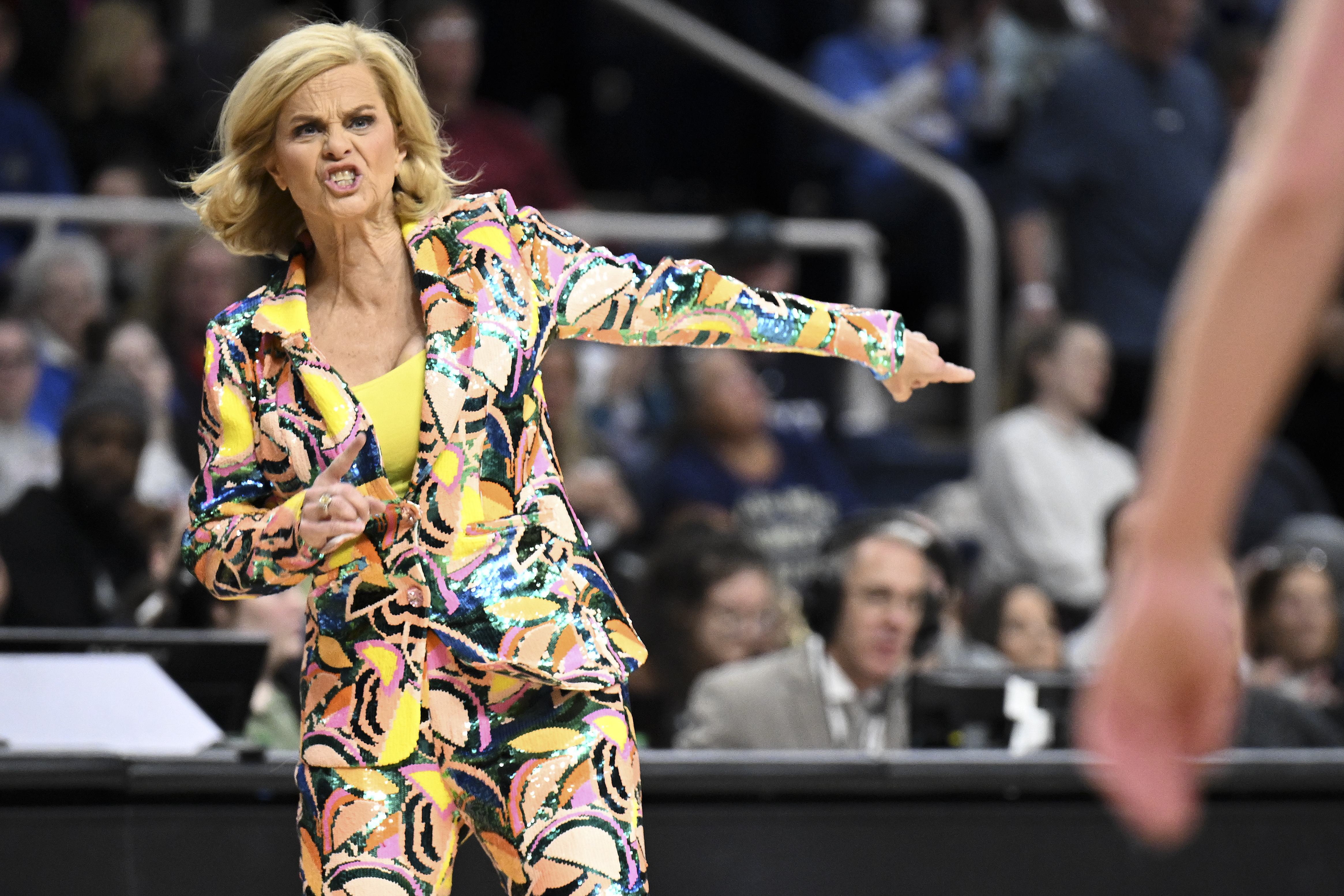 LSU head coach Kim Mulkey reacts during the second quarter of a Sweet Sixteen round college basketball game against the UCLA during the NCAA Tournament, Saturday, March 30, 2024, in Albany, N.Y. 