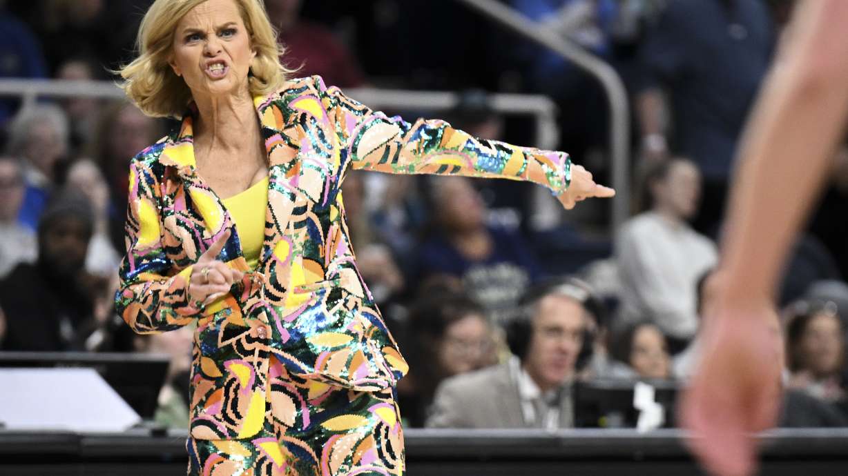 LSU head coach Kim Mulkey reacts during the second quarter of a Sweet Sixteen round college basketball game against the UCLA during the NCAA Tournament, Saturday, March 30, 2024, in Albany, N.Y.
