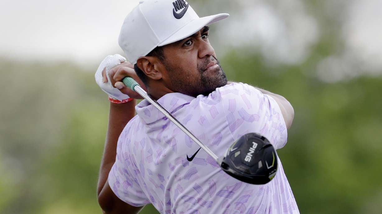 Defending champion Tony Finau tees off on the 10th hole during the first round of the Houston Open golf tournament Thursday, March, 28, 2024, in Houston.