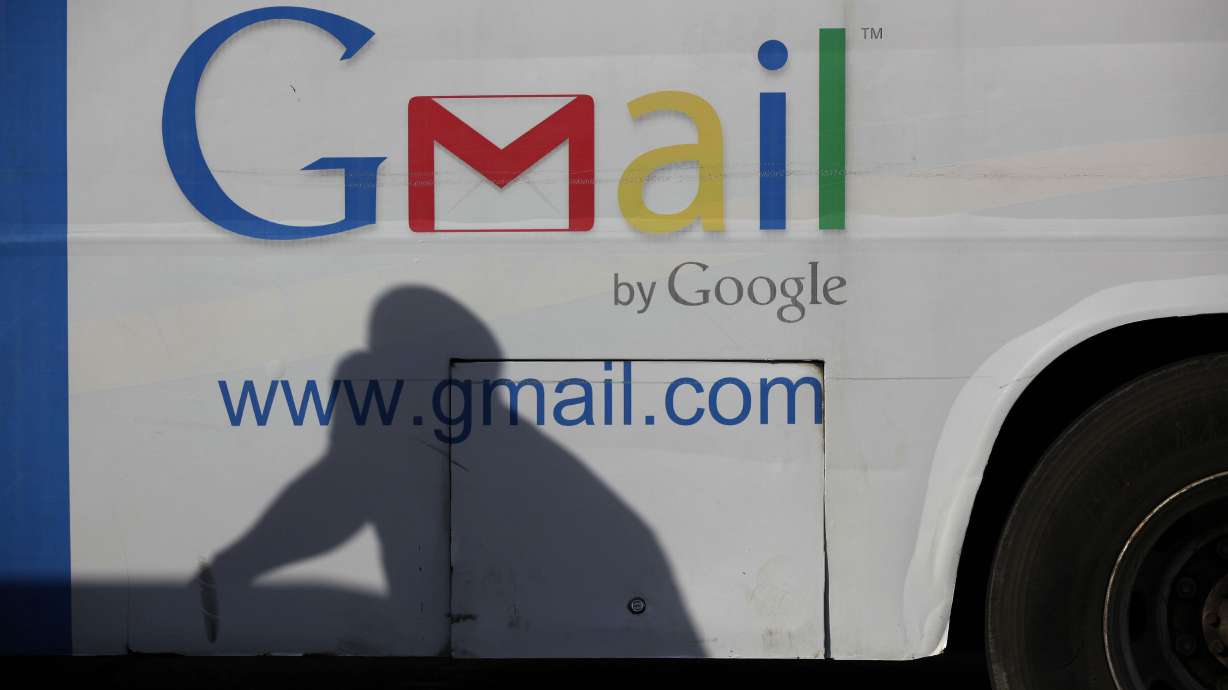 An ad for Google's Gmail appears on the side of a bus on Sept. 17, 2012, in Lagos, Nigeria. Google founders Larry Page and Sergey Brin unveiled Gmail 20 years ago on April Fool's Day.