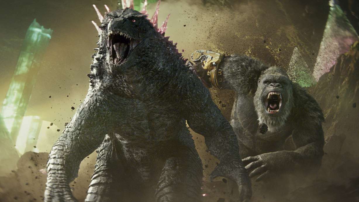 This image released by Warner Bros. Pictures shows Godzilla, left, and Kong in a scene from "Godzilla x Kong: The New Empire."