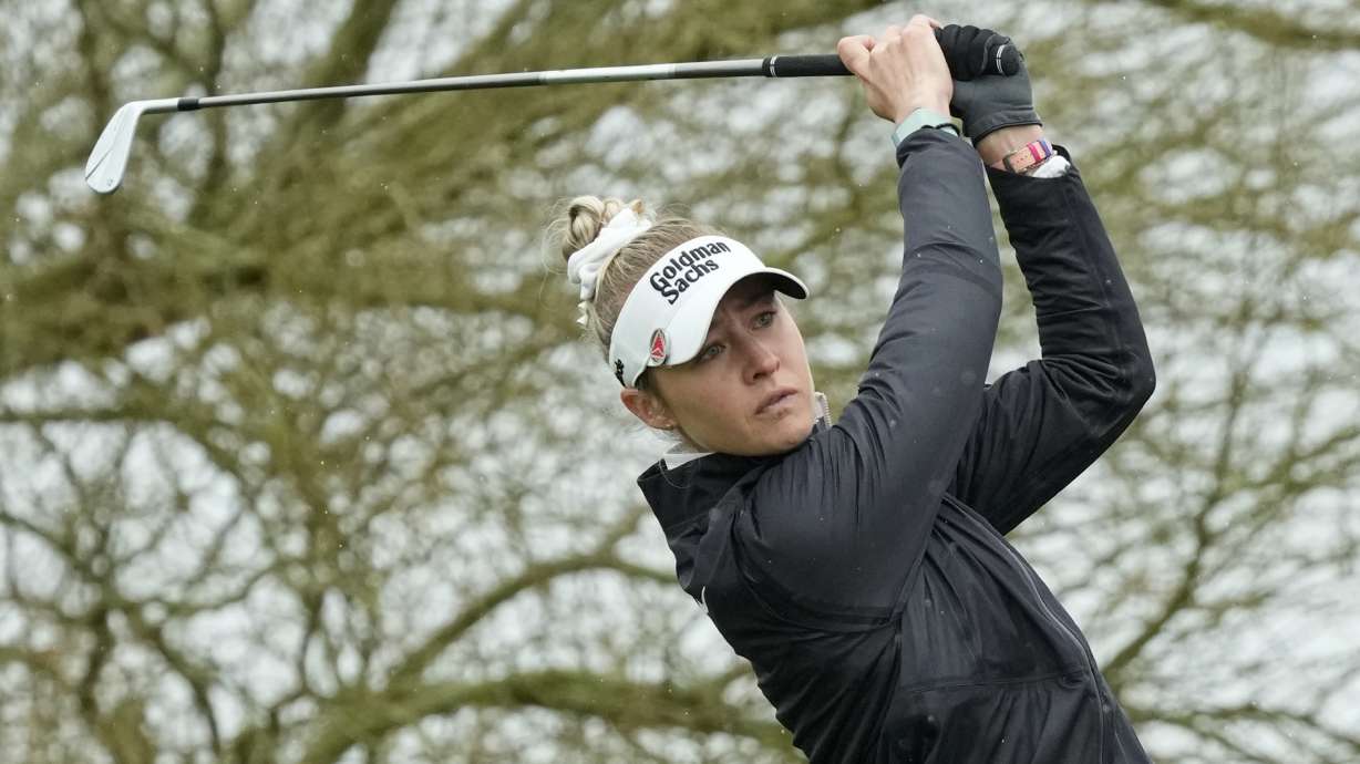 Nelly Korda hits a tee shot at the fourth hole during the final round of LPGA Ford Championship golf tournament Sunday, March 31, 2024, in Gilbert, Ariz.