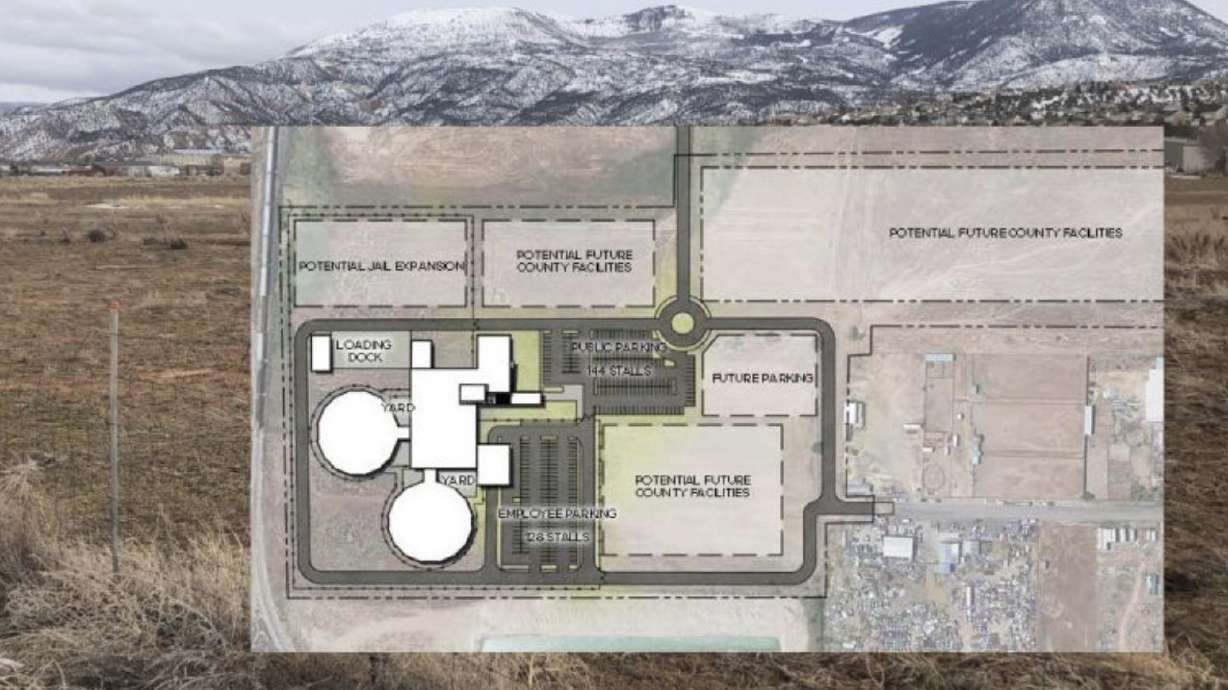 Composite image, with background photo shows the proposed site of Iron County Jail and Sheriff's Office complex in Cedar City, Utah, March 6, 2023, and the inset map shows one possible site plan concept.