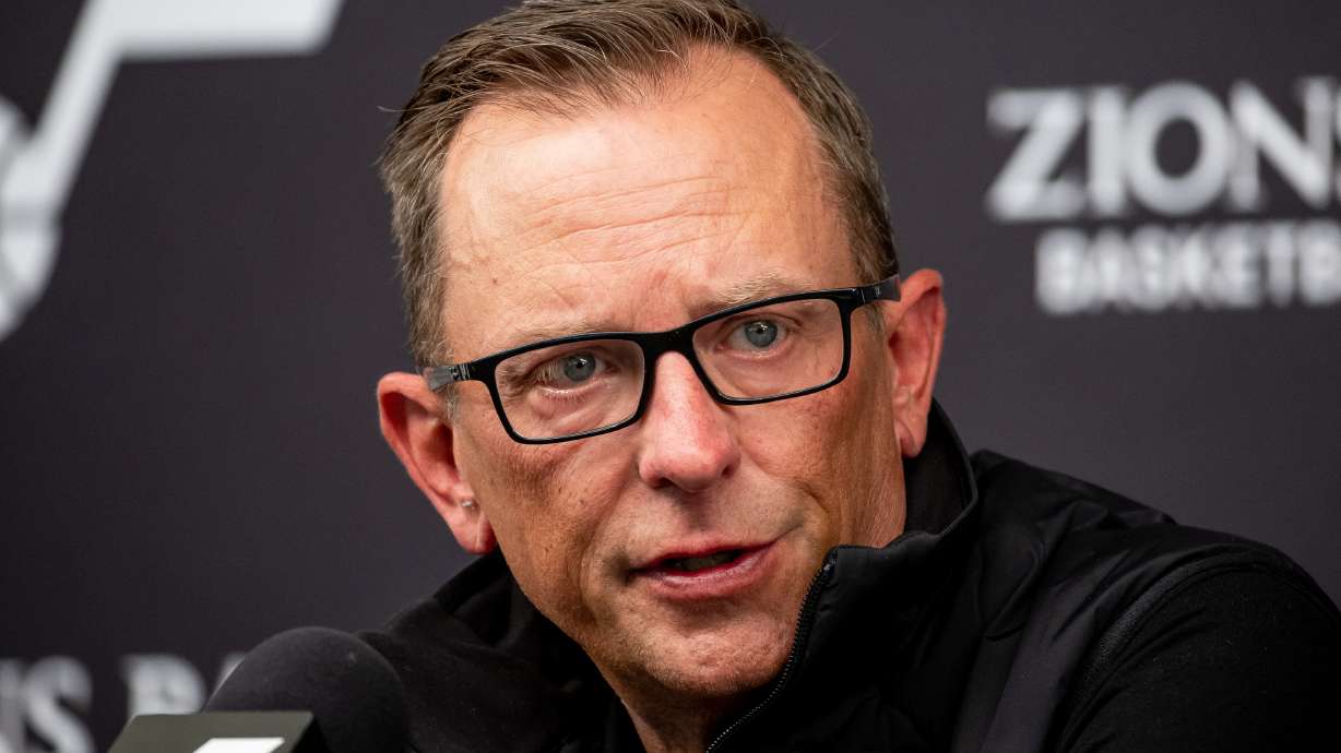 Utah Jazz general manager Justin Zanik speaks during an end-of-season press conference at the Zions Bank Basketball Campus in Salt Lake City on Wednesday, April 12, 2023.