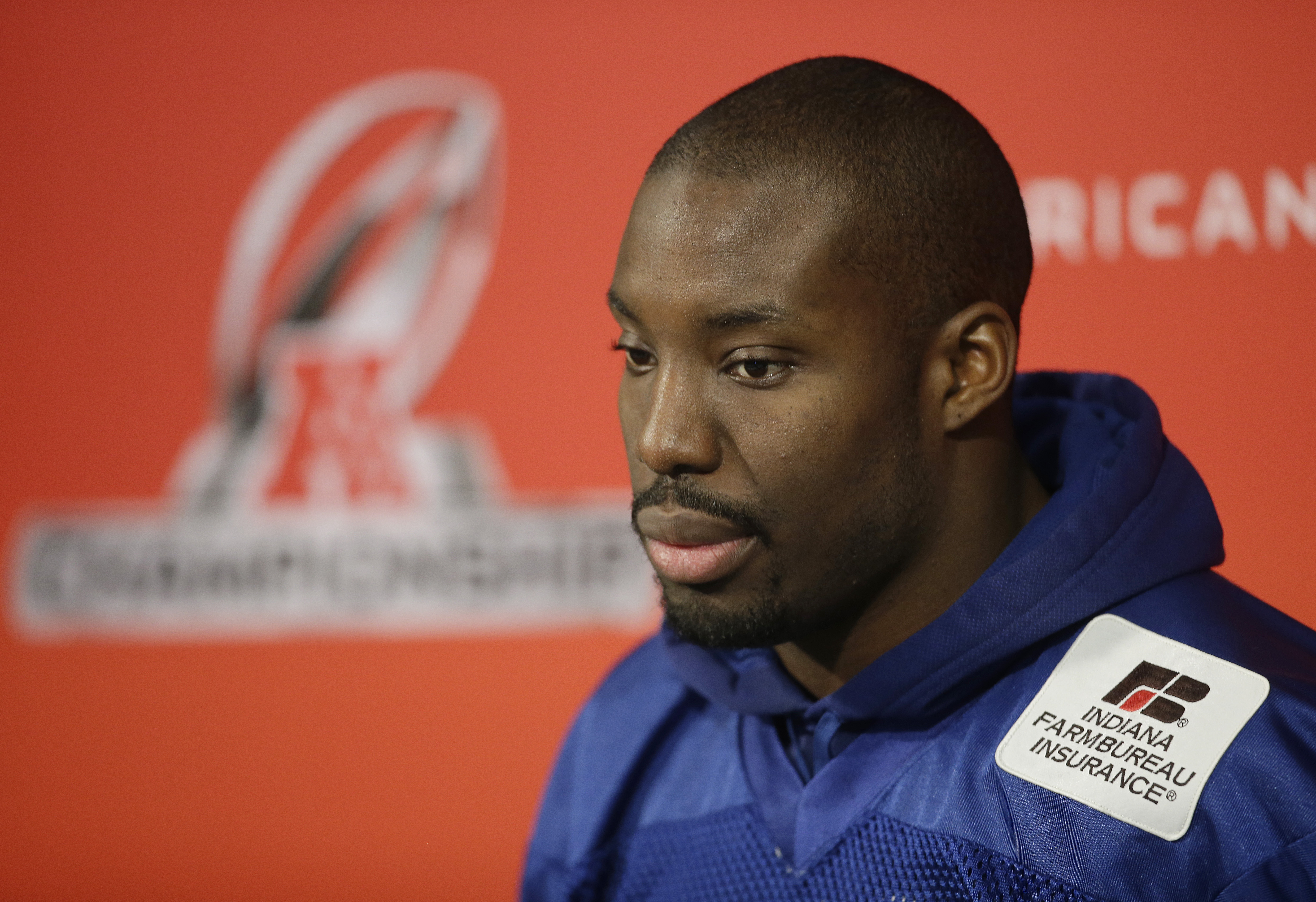FILE - Indianapolis Colts' Vontae Davis listens to a question during a news conference ahead of the AFC Championship game against the New England Patriots at the NFL football team's practice facility Friday, Jan. 16, 2015, in Indianapolis. Former Miami Dolphins and Indianapolis Colts cornerback Vontae Davis was found dead in his South Florida home on Monday, April 1, 2024, but police say no foul play is suspected.