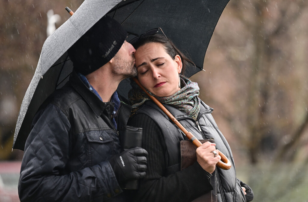 Jody Tippetts kisses Marley Bramble on the forehead at a ceremony kicking off National Donate Life Month at the Celebration of Life Donor Monument in Salt Lake City on Monday. Tippetts' daughter, Jaydra Tippetts, was an organ donor.