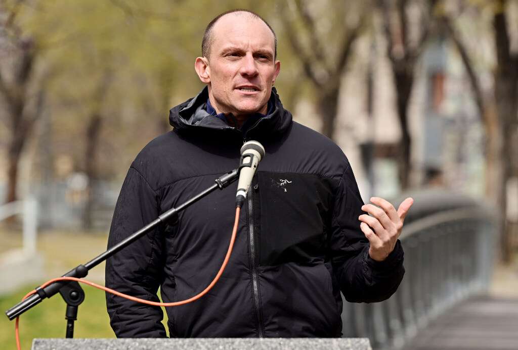 Park City firefighter Henry Evans speaks as DonorConnect kicks off National Donate Life Month with a flag raising ceremony at the Celebration of Life Donor Monument in Salt Lake City on Monday.