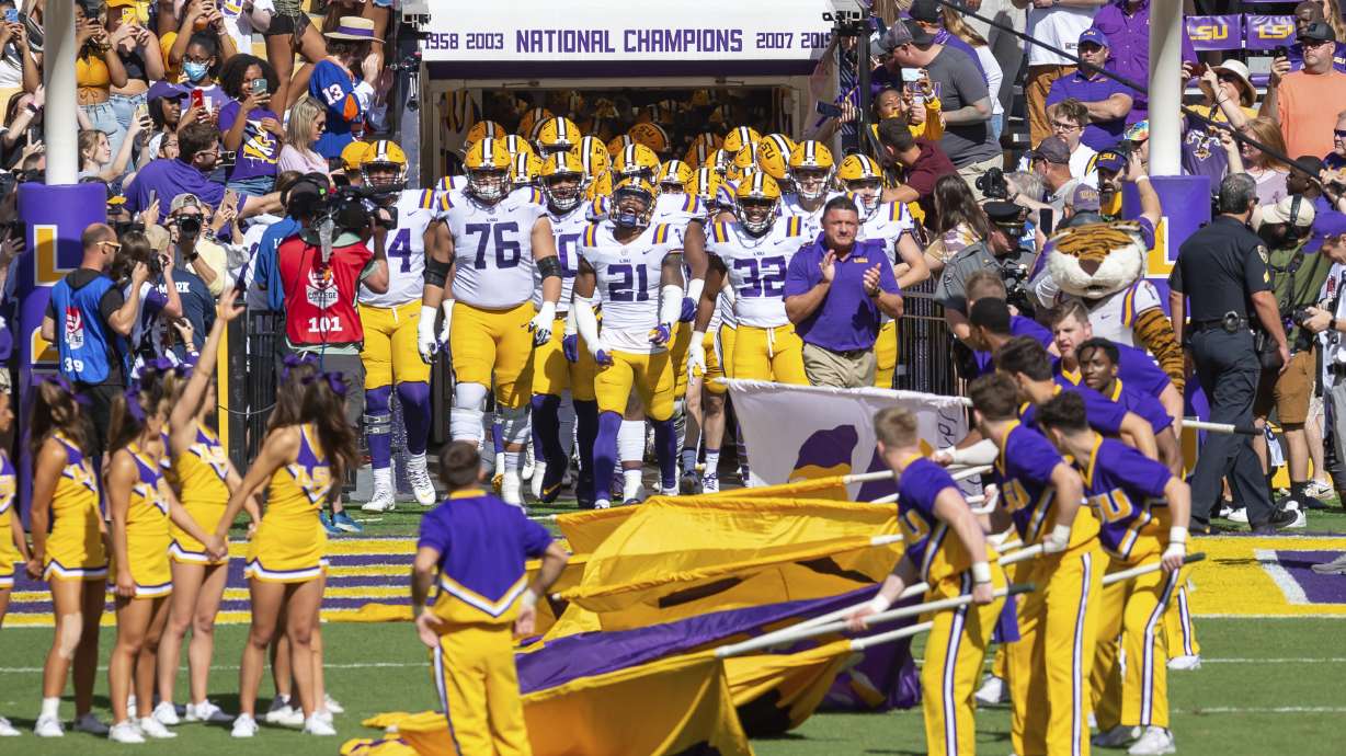 The LSU football team takes to the field against Florida for an NCAA college football game, Oct. 16, 2021, Baton Rouge, La.