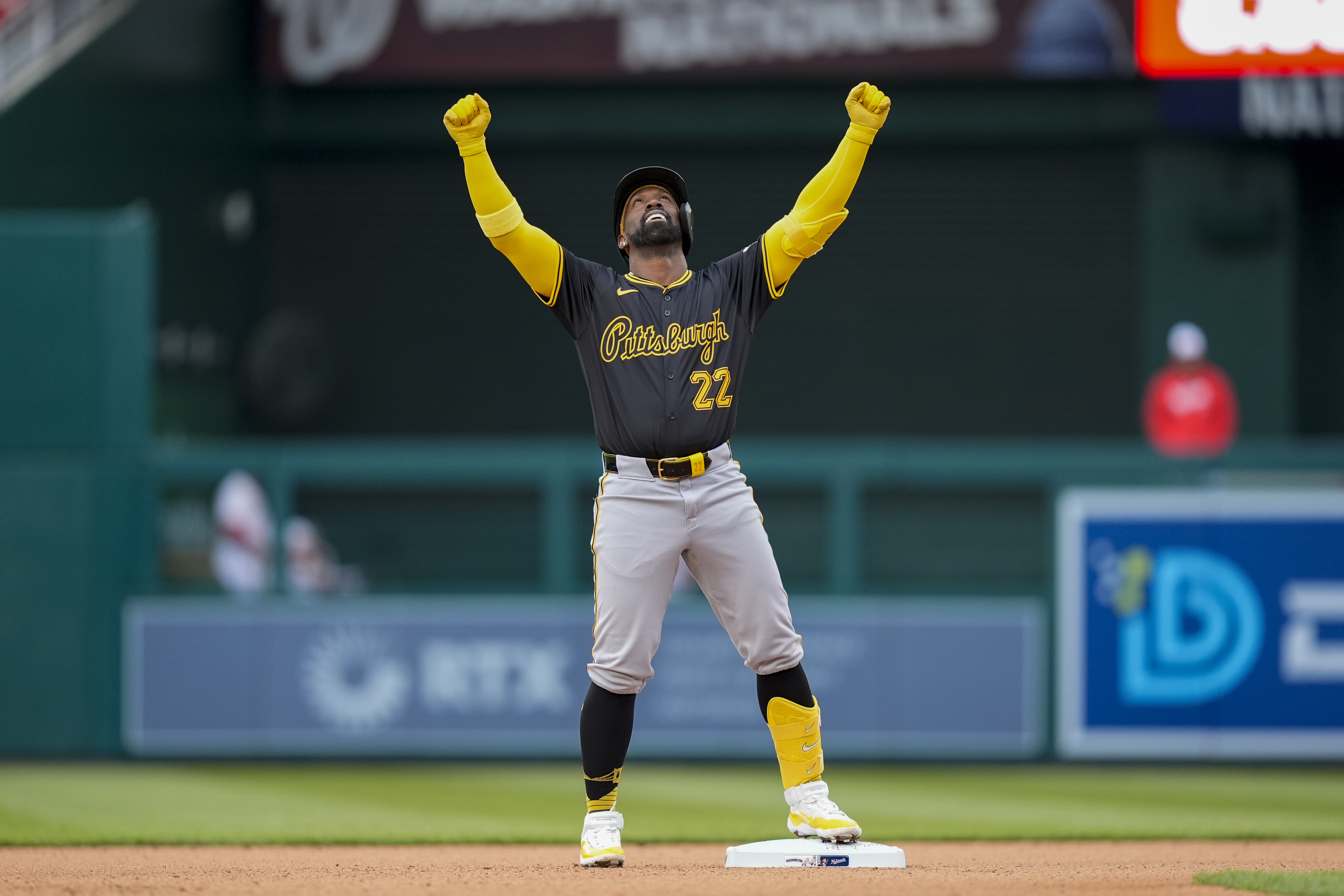 Pittsburgh Pirates designated hitter Andrew McCutchen celebrates his double during the seventh inning of an opening-day baseball game against the Washington Nationals at Nationals Park, Monday, April 1, 2024, in Washington. 