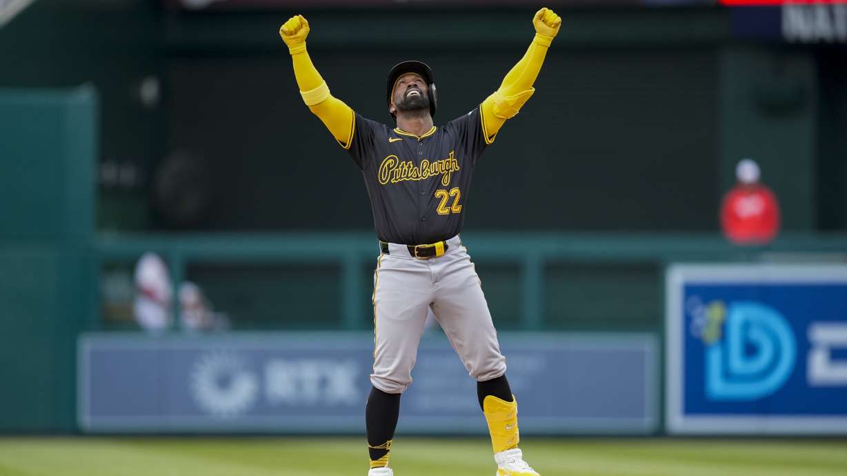 Pittsburgh Pirates designated hitter Andrew McCutchen celebrates his double during the seventh inning of an opening-day baseball game against the Washington Nationals at Nationals Park, Monday, April 1, 2024, in Washington.