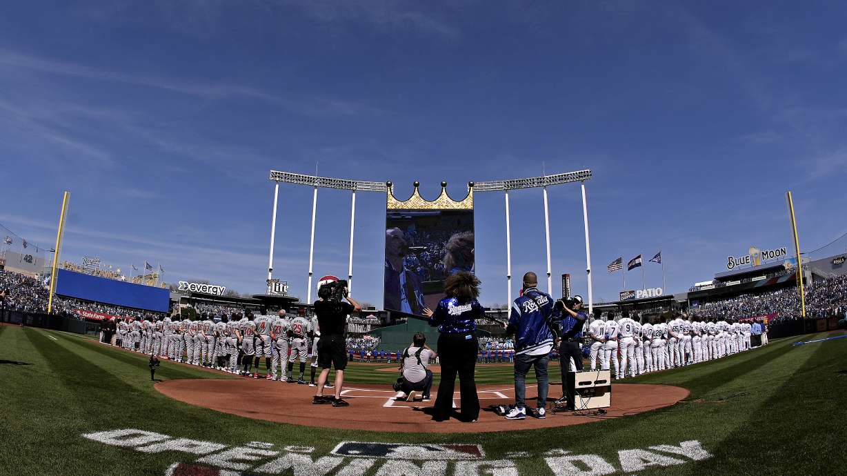 An Air Force B2 bomber flies over Kauffman Stadium before a baseball game between the Kansas City Royals and the Minnesota Twins Thursday, March 28, 2024, in Kansas City, Mo.