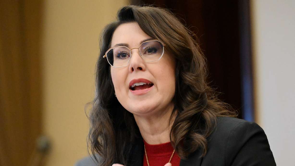 Lt. Gov. Deidre Henderson talks at the Capitol in Salt Lake City on Dec. 4, 2023.