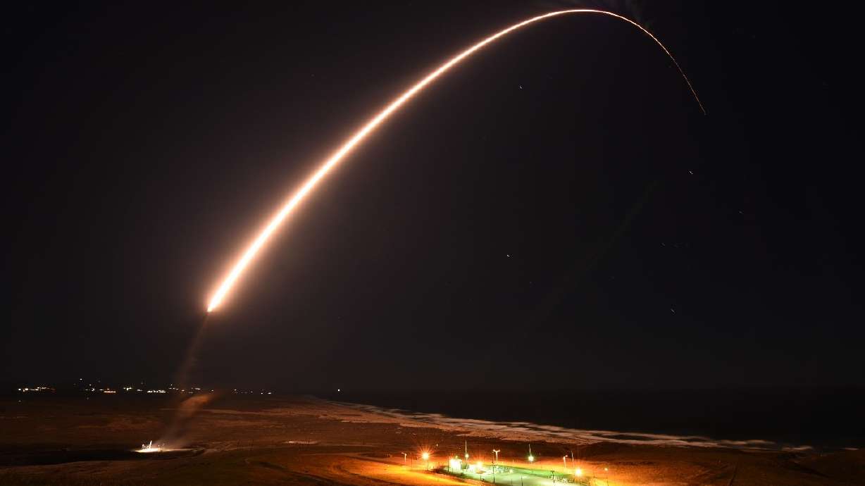 A Boeing-built Minuteman III ICBM takes flight from a launch facility at Vandenberg Space Force Base, California. Boeing announced Tuesday that it was awarded an additional $405 million contract to continue testing on nuclear weapons components at Hill Air Force Base.