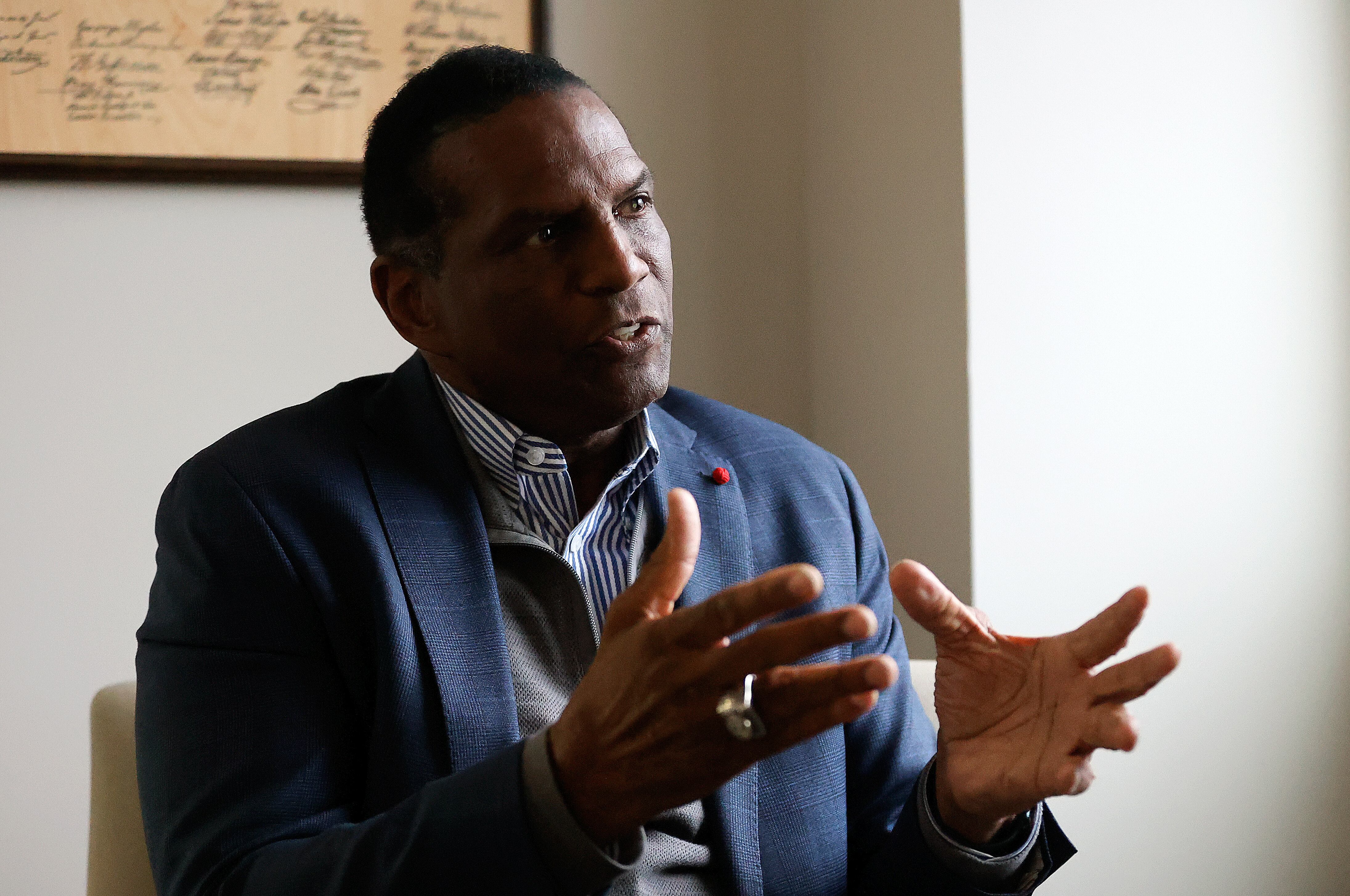 Rep. Burgess Owens, R-Utah, seen in his office in West Jordan on Jan. 5, said he views child trafficking as "the most evil thing," and another form of slavery.