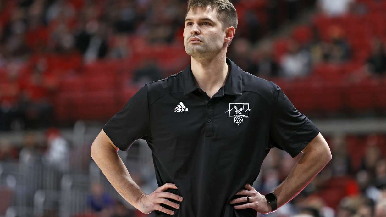 FILE - Eastern Washington coach David Riley watches his team during the first half of an NCAA college basketball game against Texas Tech, Dec. 22, 2021, in Lubbock, Texas. Washington State hired Riley as its basketball coach on Tuesday, April 2, 2024, nabbing the two-time Big Sky Conference coach of the year at a time of uncertainty for the Cougars.