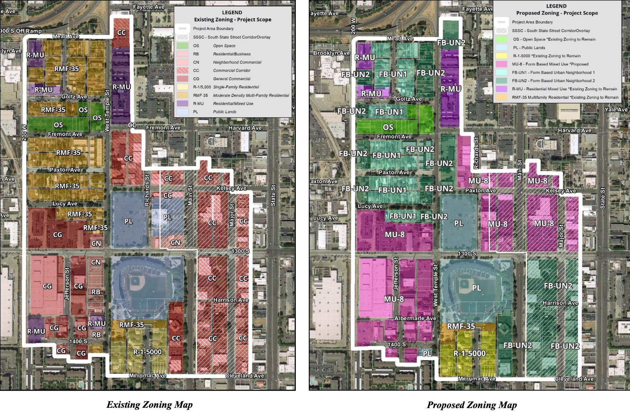 These maps show the existing zoning and proposed rezoning within the Ballpark Station Area project. The Salt Lake City Council is expected to vote on the proposed rezone next month after a public hearing on May 7.