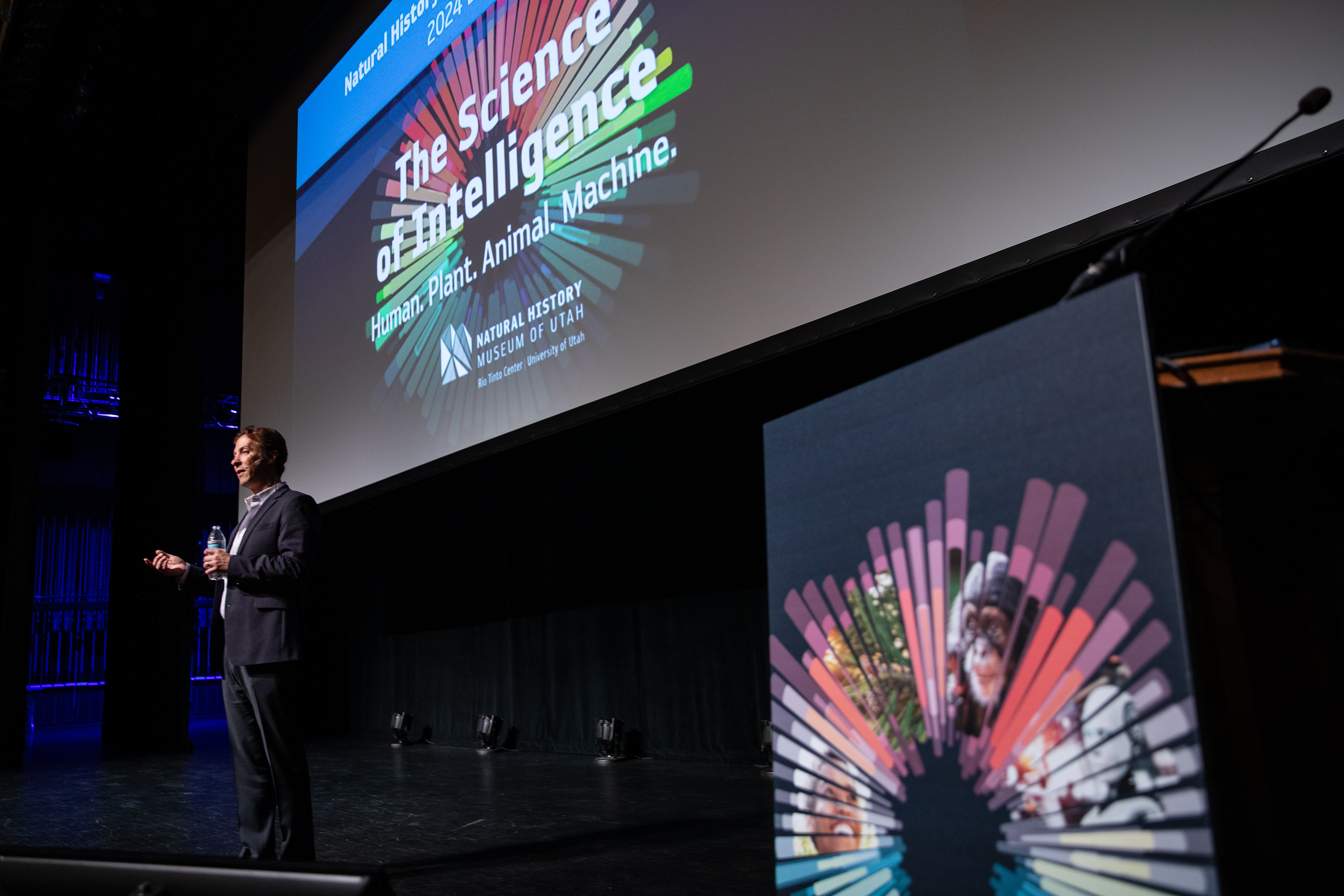 Neuroscientist David Eagleman speaks at the University of Utah's Kingsbury Hall on Tuesday as the keynote speaker in the Natural History Museum of Utah's 2024 lecture series, "The Science of Intelligence."
