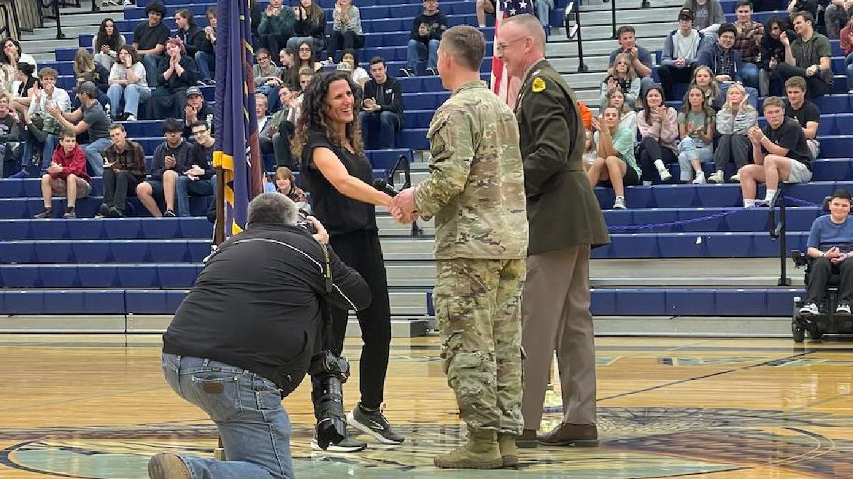 Jennifer Hughes, a 45-year-old mother of four and special educator, was sworn in as a member of the Utah National Guard at Salem Hills High School on March 22.