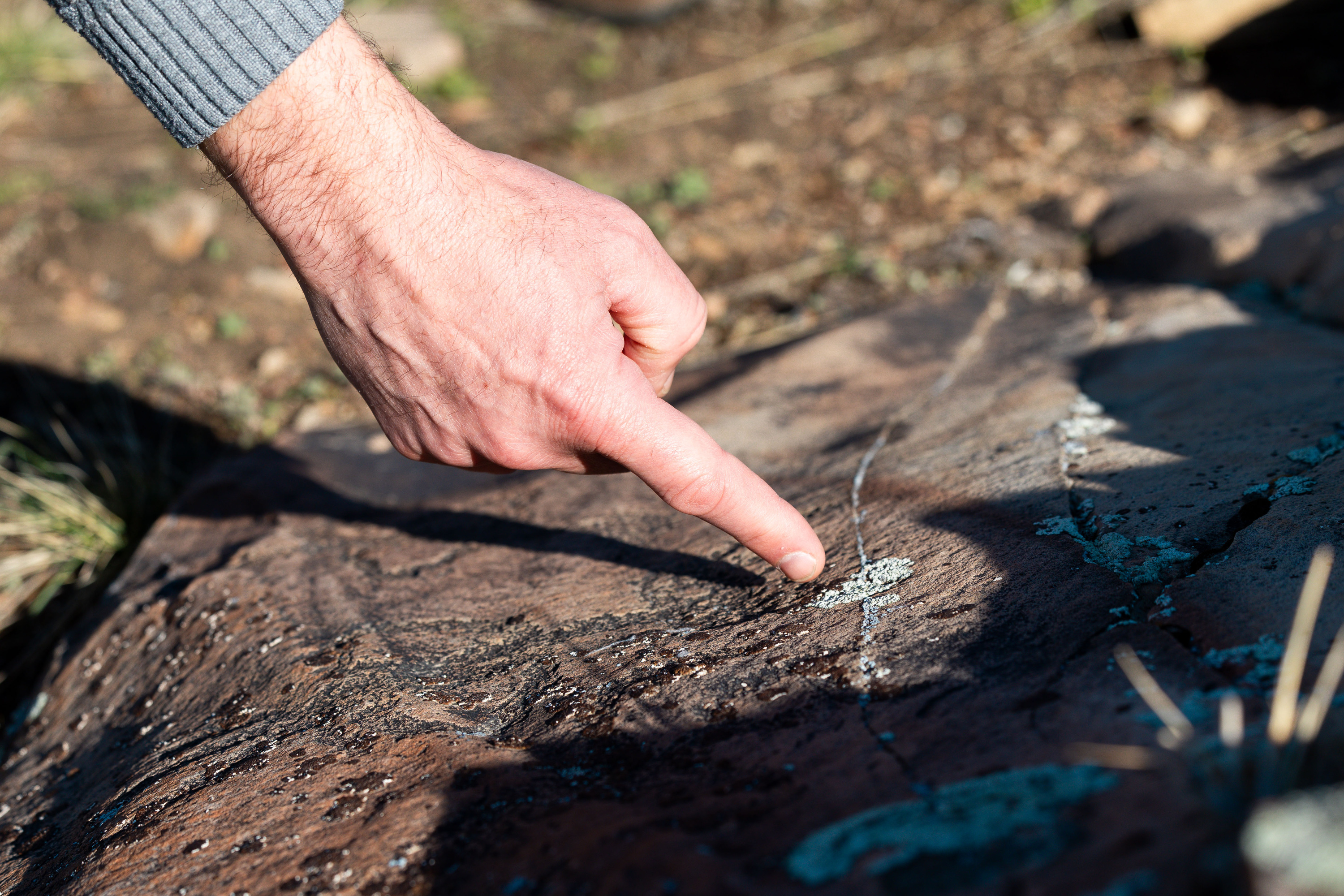 Paul Jerome, Eagle Mountain city manager, points out some petroglyphs in Eagle Mountain on Wednesday. The city of Eagle Mountain has tried to work together with private landowners and developers to preserve the scattered petroglyphs despite continued development in the fast-growing area.