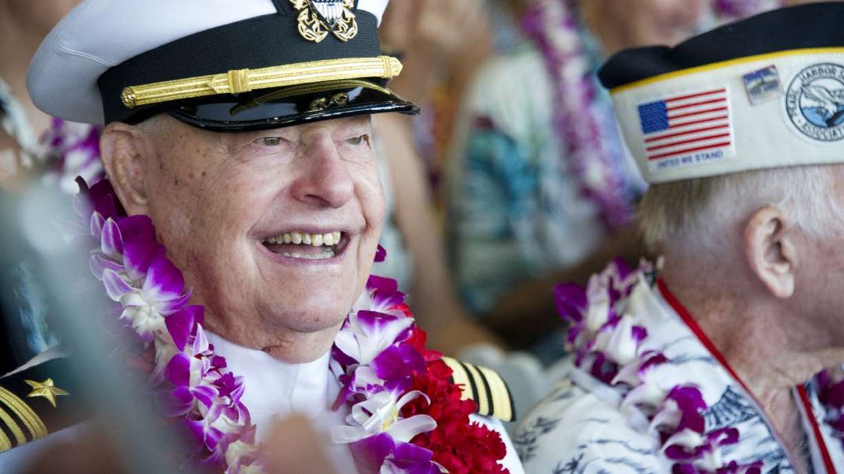 Lou Conter, an Arizona crewman, attends ceremonies for the 75th anniversary of the Japanese attack on Pearl Harbor, Dec. 7, 2016, in Honolulu. Conter was the last living survivor of the USS Arizona battleship. He died on Monday.