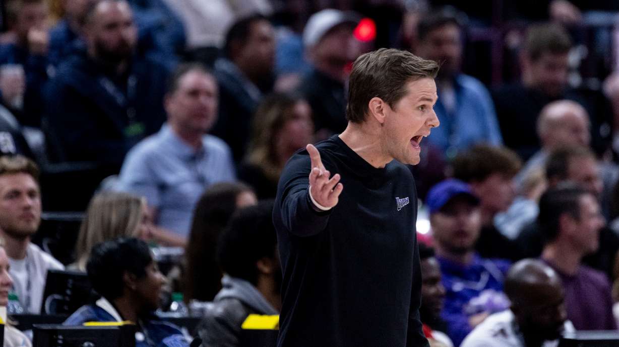 Utah Jazz Head Coach Will Hardy yells to the referees during a game against the Houston Rockets at the Delta Center in Salt Lake City on Friday, Mar 29, 2024.