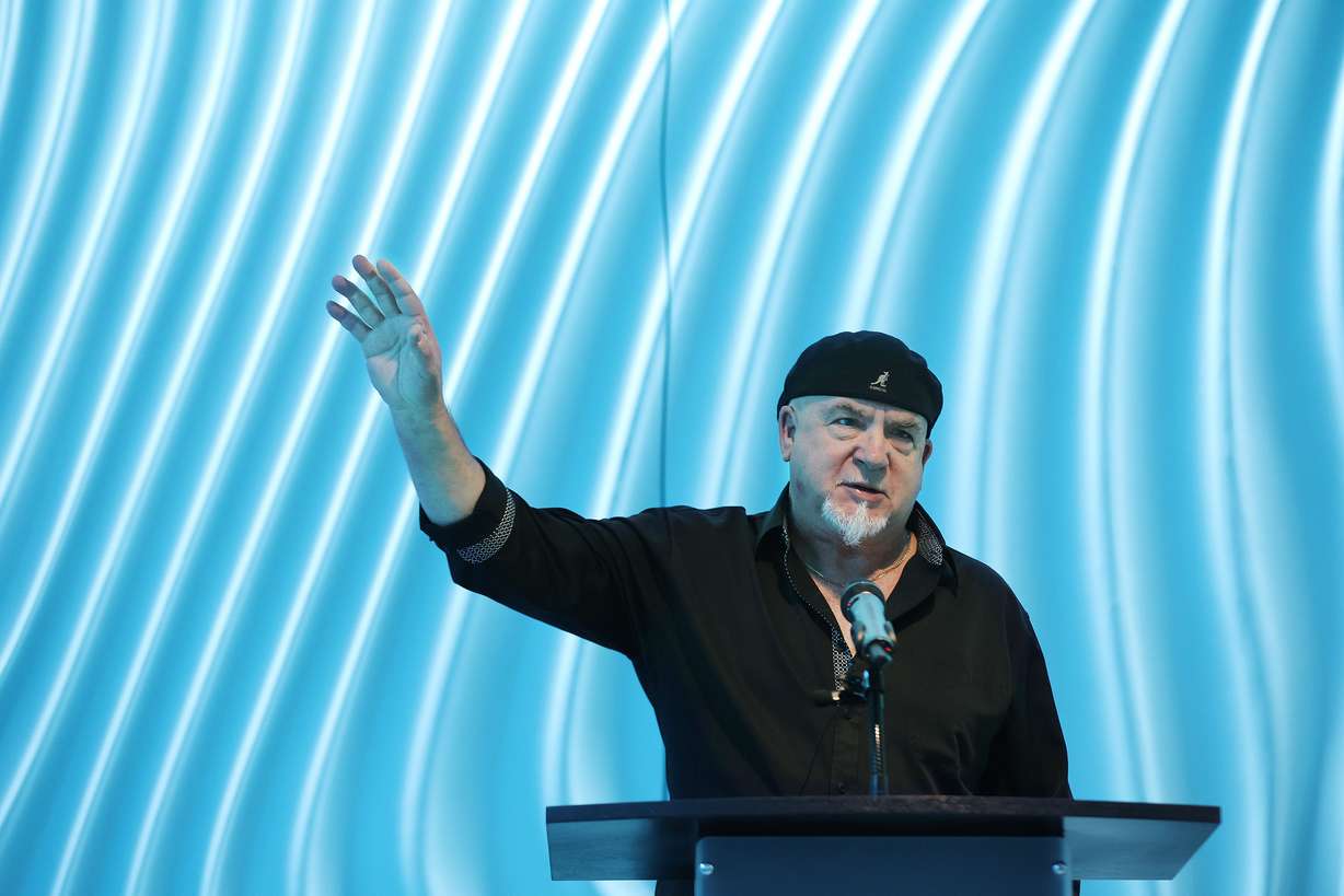 Artist Gordon Huether talks about the completion of his work at Salt Lake City International Airport’s River Tunnel at the airport in Salt Lake City on Wednesday.
