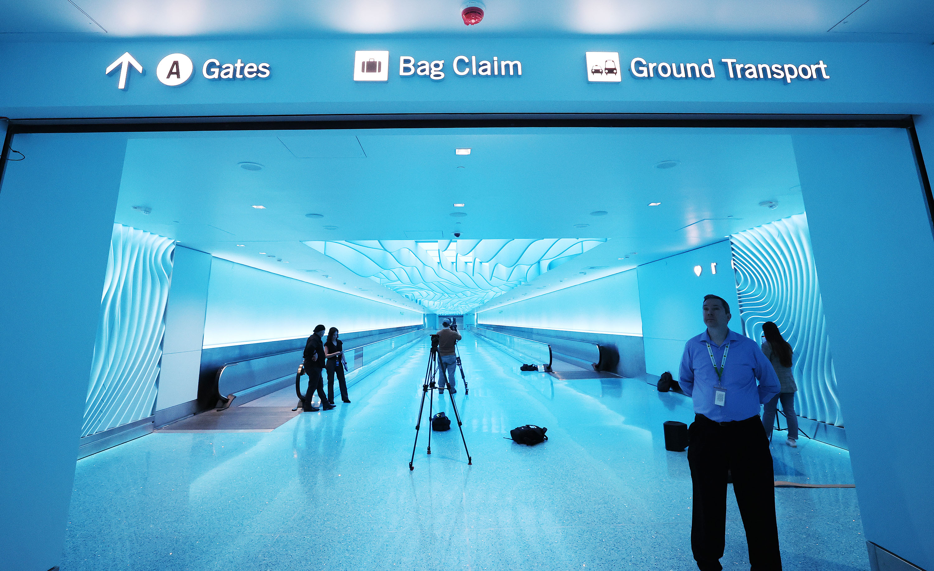 Media members look over the completion of Salt Lake City International Airport’s River Tunnel at the airport in Salt Lake City on Wednesday.