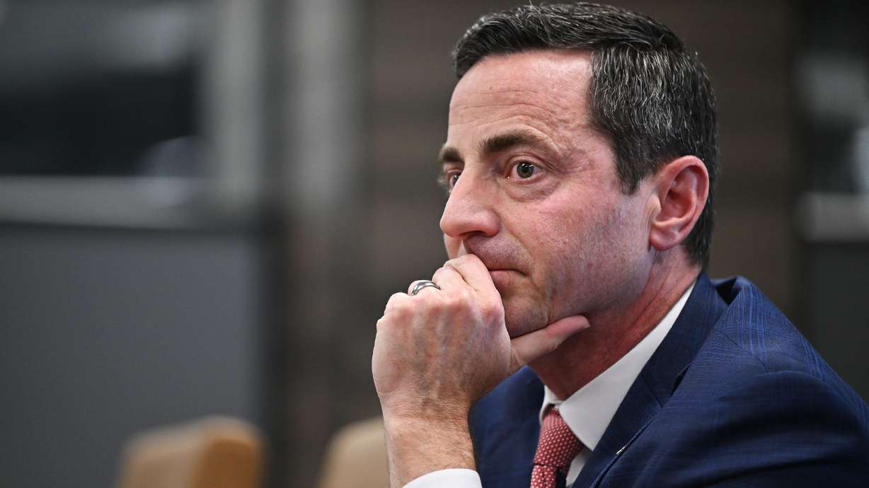 Senate candidate Trent Staggs listens to a question as he meets with the Deseret News and KSL editorial boards at the Triad Center in Salt Lake City on Wednesday.
