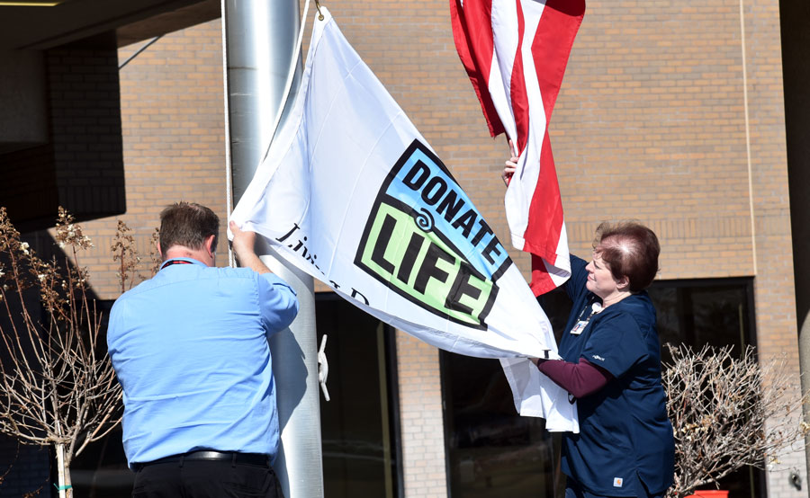 During a flag-raising event held Tuesday at Eastern Idaho Regional Medical Center to celebrate Organ Donation Awareness Month, Robert Parkinson shared his experience receiving a liver donation from his neighbor, Jeremy Rose.