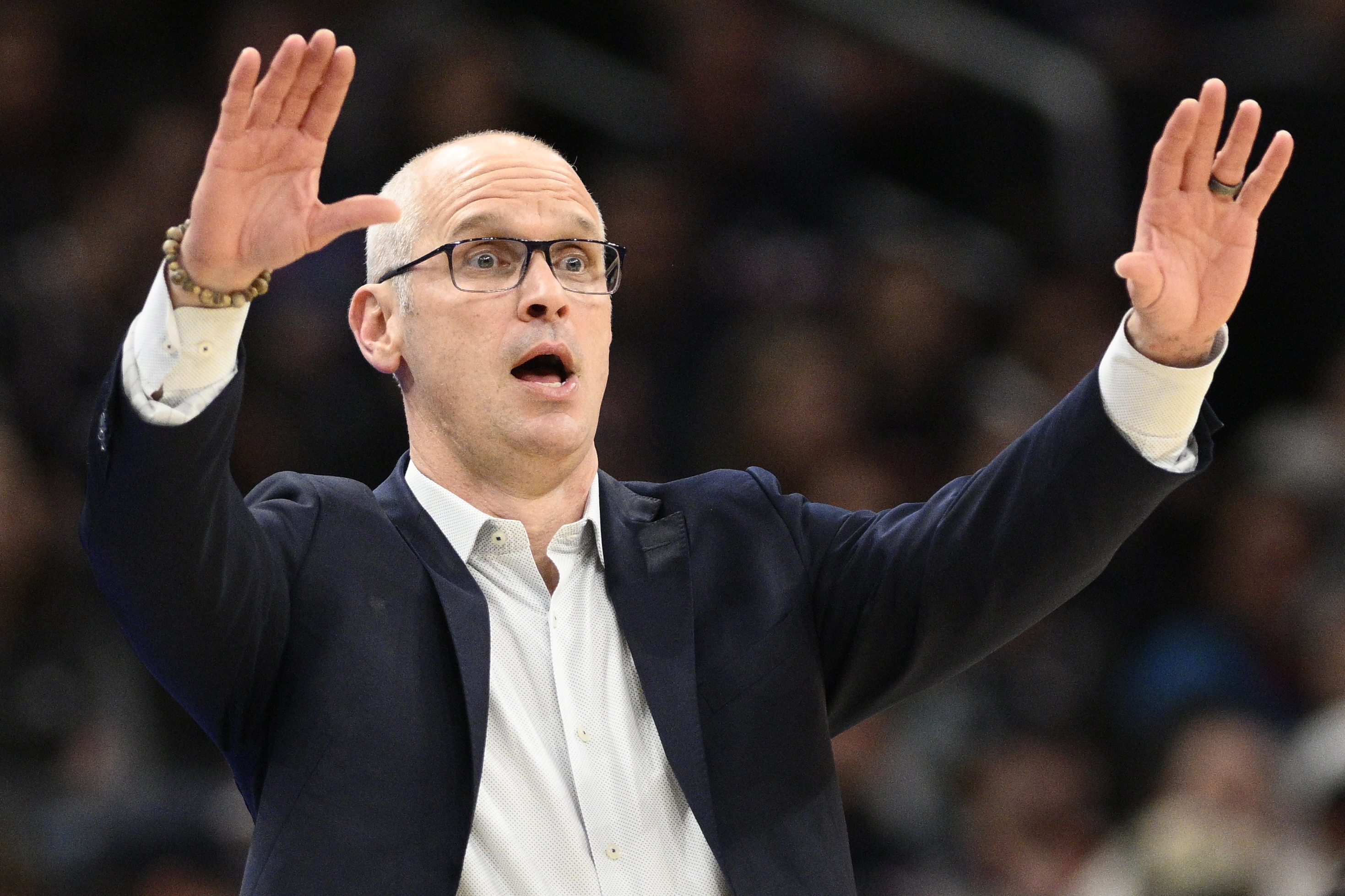FILE - Connecticut head coach Dan Hurley gestures during the second half of an NCAA college basketball game against Georgetown, Saturday, Feb. 10, 2024, in Washington. UConn plays Alabama in a semifinal game at the Final Four on Saturday, April 6, in Glendale, Ariz.