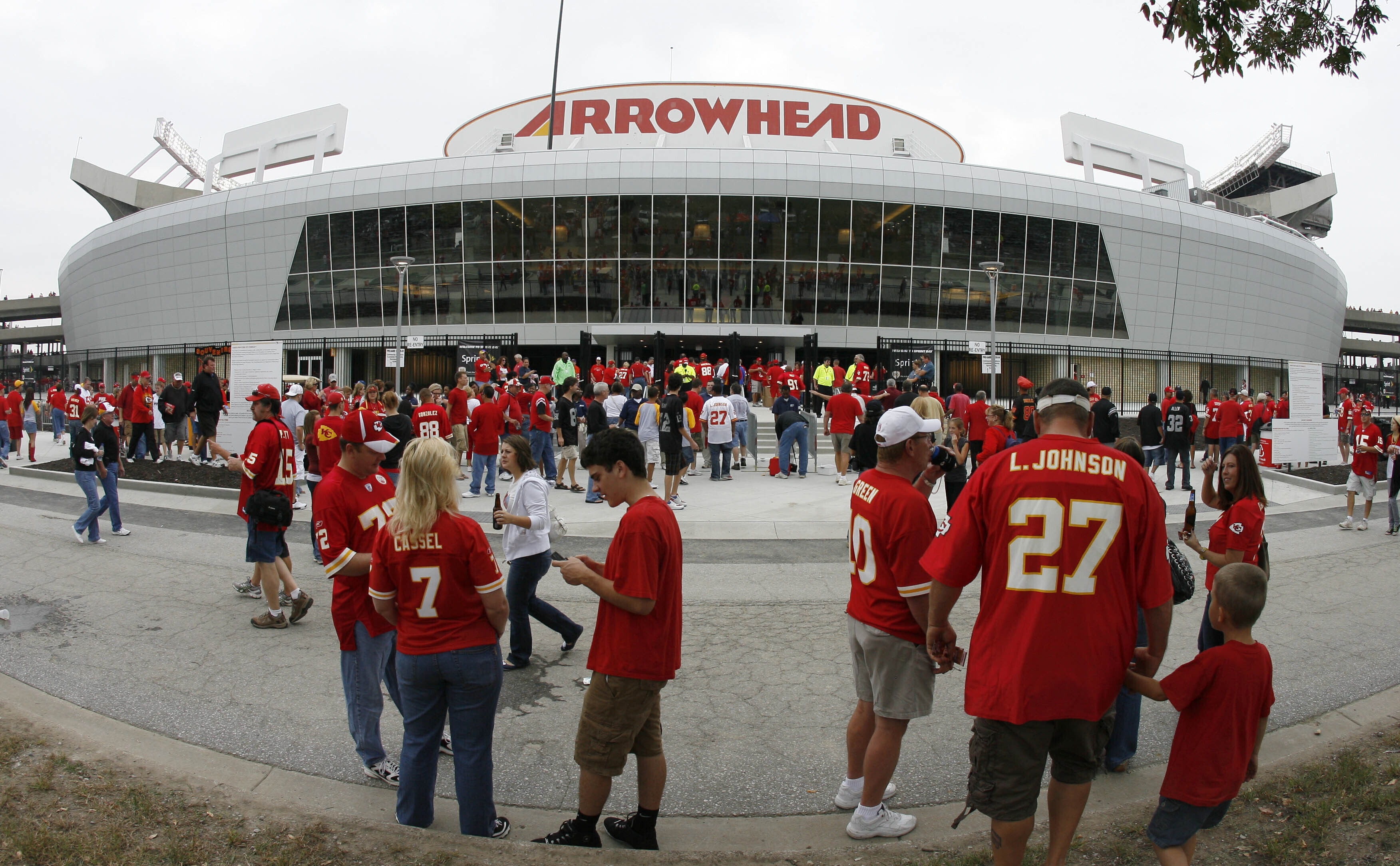 FILE - Kansas City Chiefs fans gather outside Arrowhead Stadium before a NFL football game against the Oakland Raiders Sunday, Sept. 20, 2009 in Kansas City, Mo. Voter rejection of a stadium sales tax plan for the Kansas City Royals and Chiefs has raised questions about what happens next.