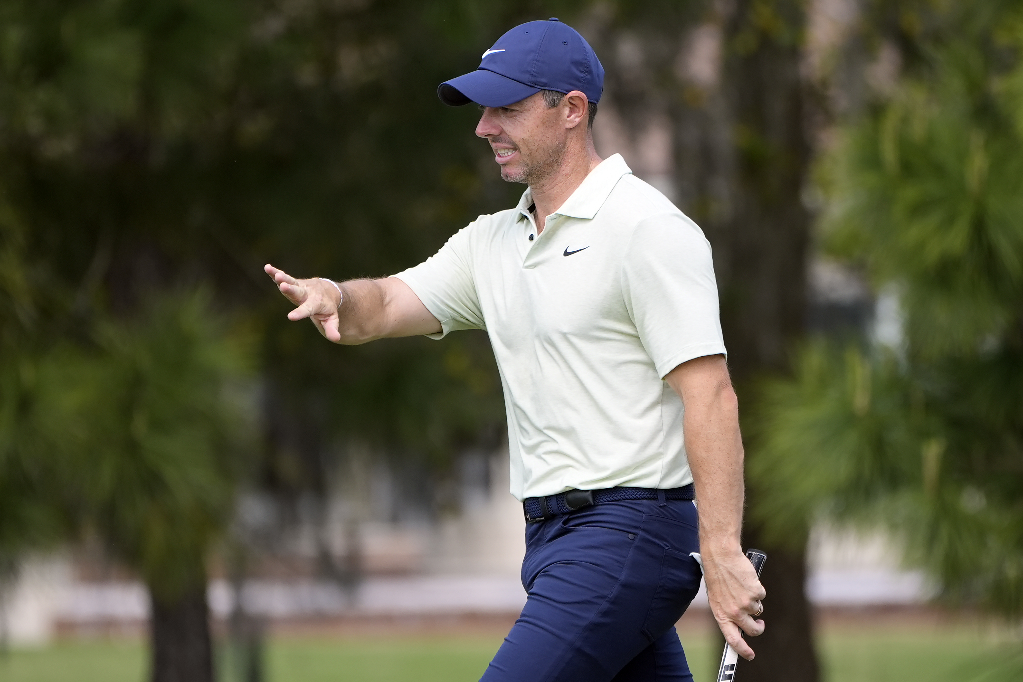 Rory McIlroy, of Northern Ireland, gestures on the second green during the final round of The Players Championship golf tournament Sunday, March 17, 2024, in Ponte Vedra Beach, Fla. 