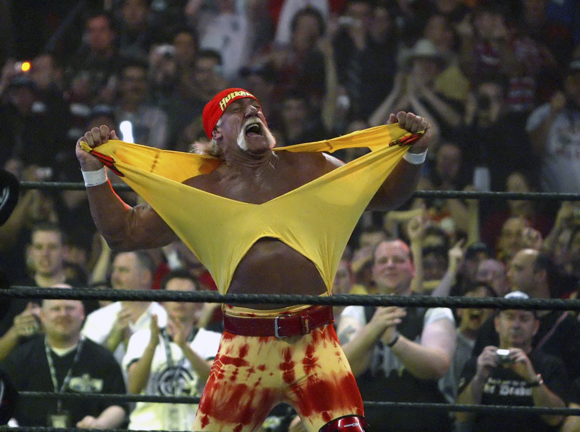 FILE - Hulk Hogan fires up the crowd between matches during WrestleMania 21 in Los Angeles, April 3, 2005. As WrestleMania approaches 40, it’s never been bigger.