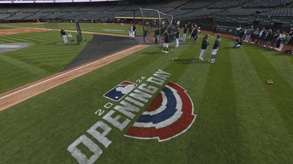 The Oakland Athletics take batting practice before opening day baseball game at the Coliseum in Oakland, Calif., on Thursday, March 28, 2024.