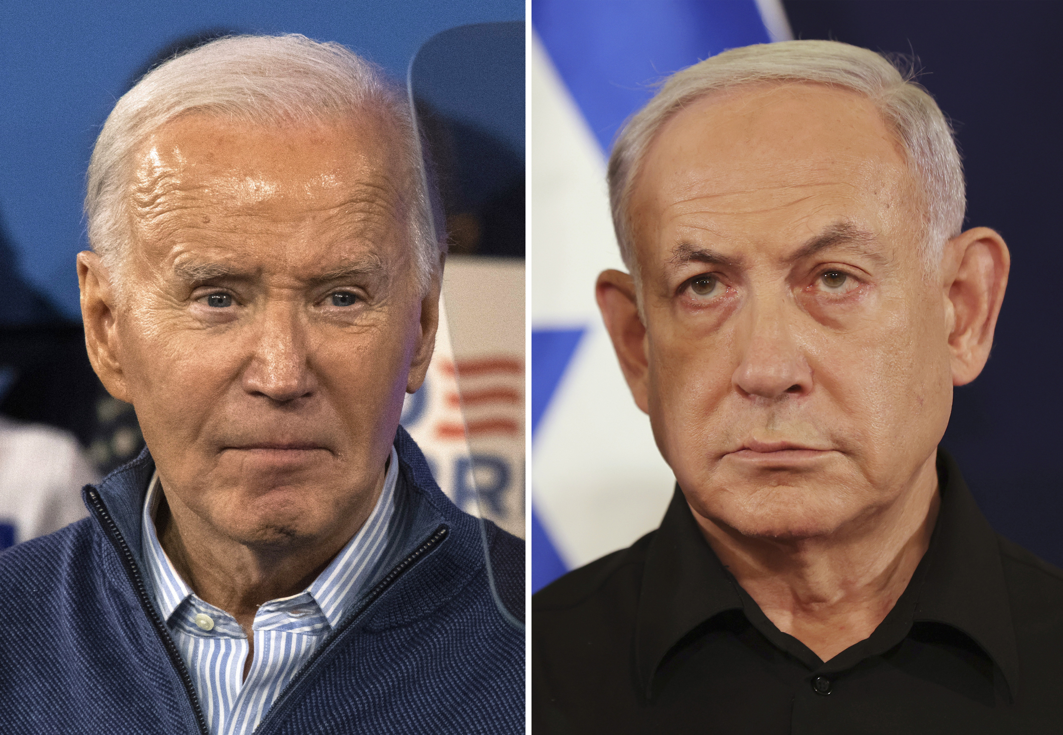 This combination photo shows President Joe Biden, left, on March 8 in Wallingford, Pa., and Israeli Prime Minister Benjamin Netanyahu in Tel Aviv, Israel, Oct. 28, 2023. Biden has told Netanyahu future U.S. support for the Gaza war depends on new steps to protect civilians and aid workers.