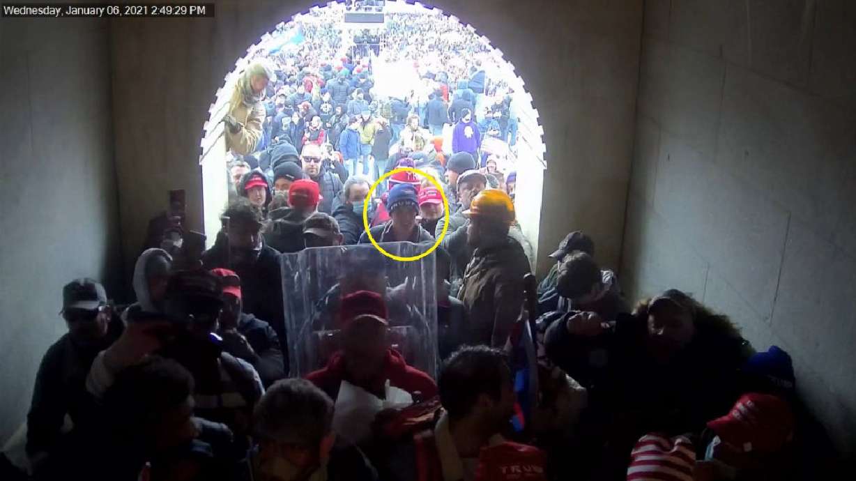U.S. Capitol CCTV photo allegedly showing Zach Rash in the Inauguration Tunnel with other rioters on Jan. 6, 2021.