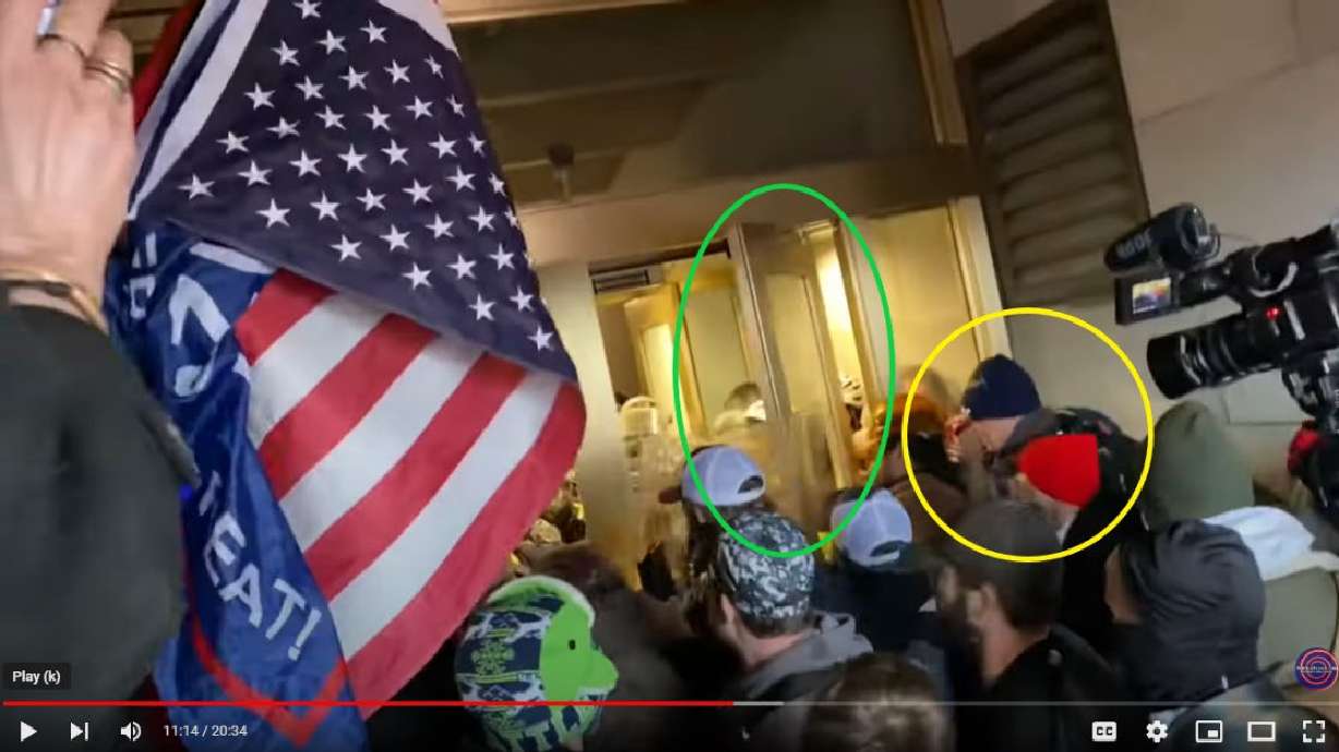 Crowd-sourced footage allegedly shows Zach Rash near a door in the Inauguration Tunnel on Jan. 6, 2021. The 25-year-old Payson man was sentenced to prison in federal court on Wednesday.