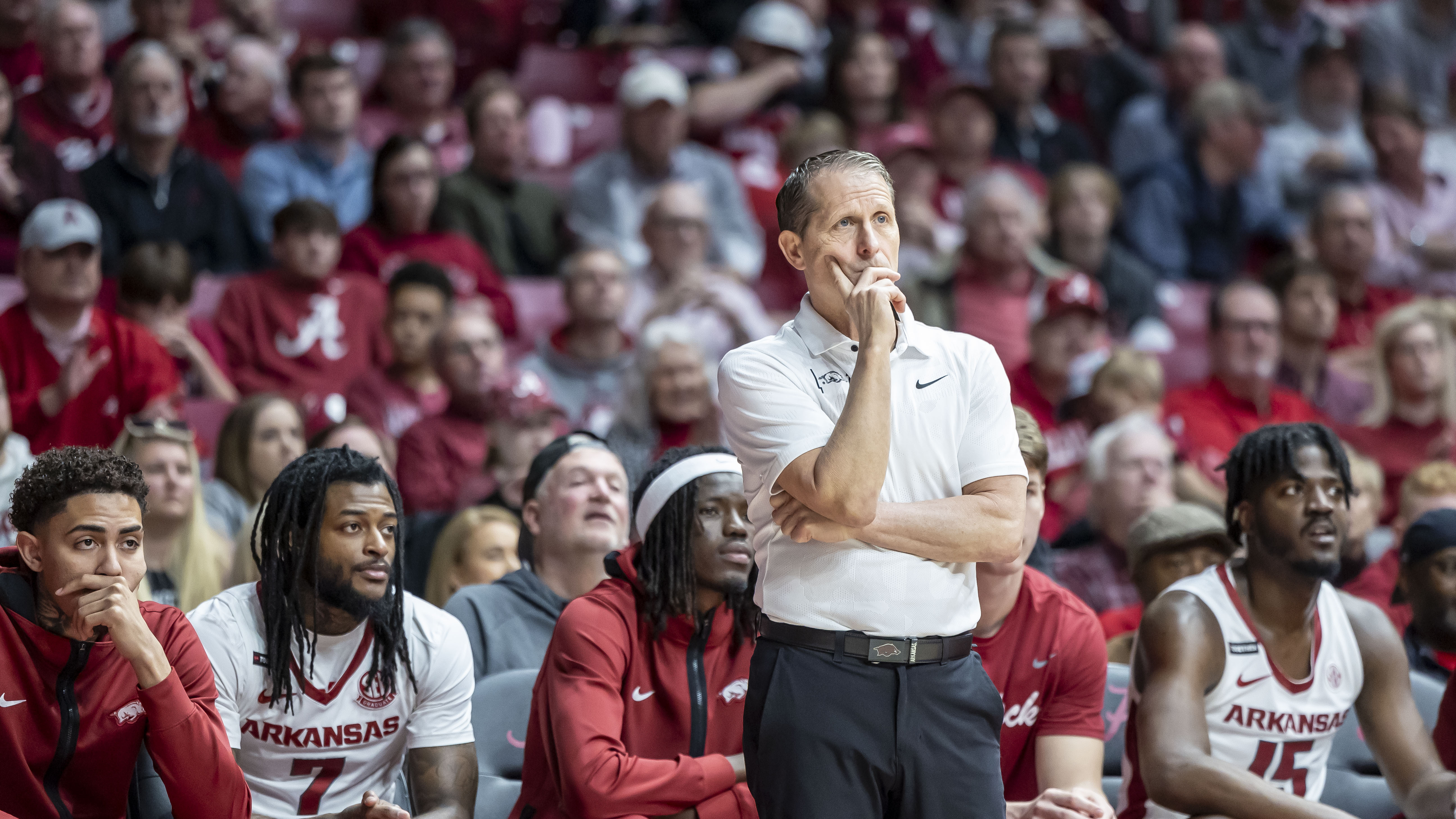 Arkansas head coach Eric Musselman looks on during the first half of an NCAA college basketball game against Alabama, Saturday, March 9, 2024, in Tuscaloosa, Ala. 