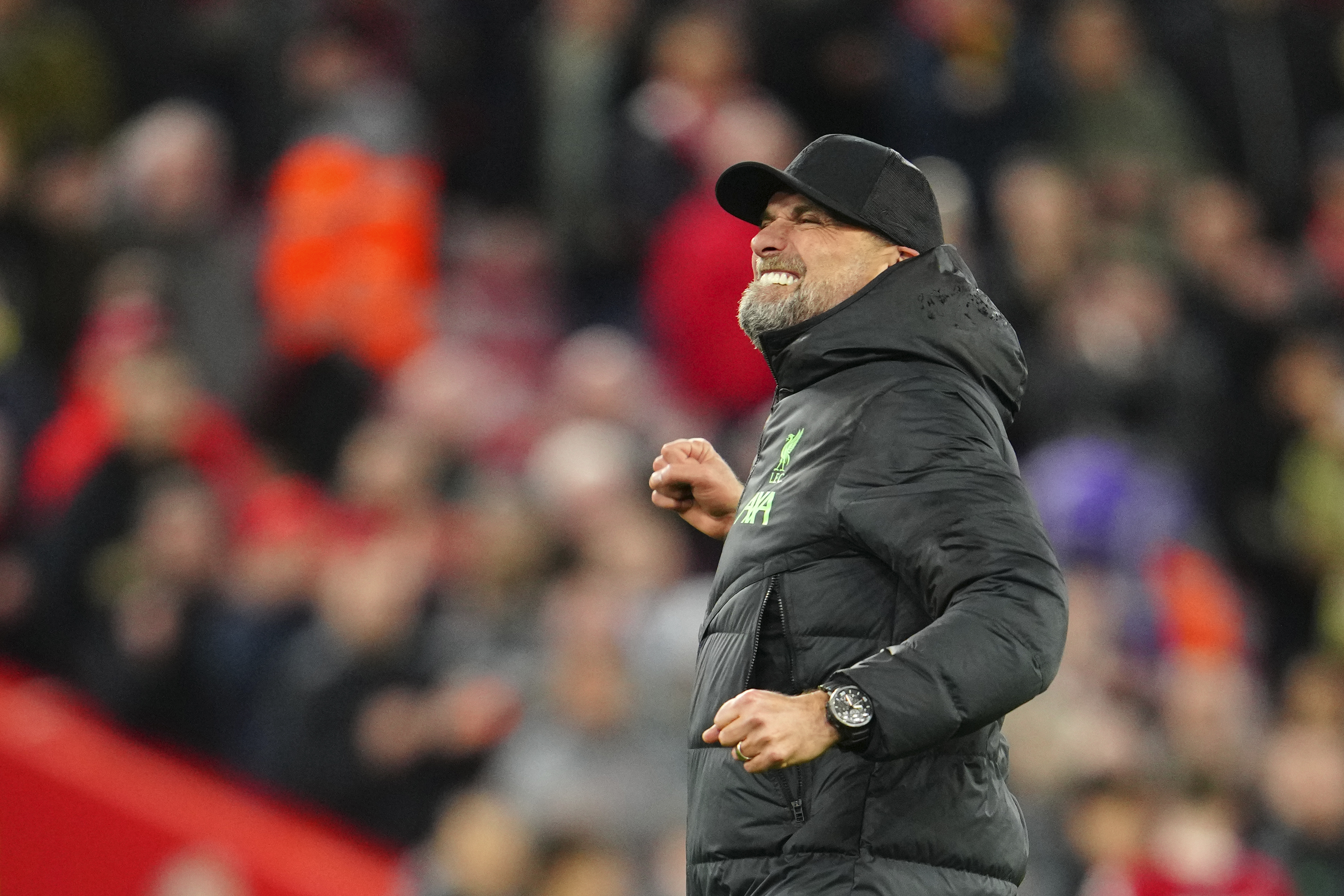 Liverpool's manager Jurgen Klopp celebrates at the end of the English Premier League soccer match between Liverpool and Sheffield United at the Anfield stadium in Liverpool, England, Thursday, Apr. 4, 2024. 
