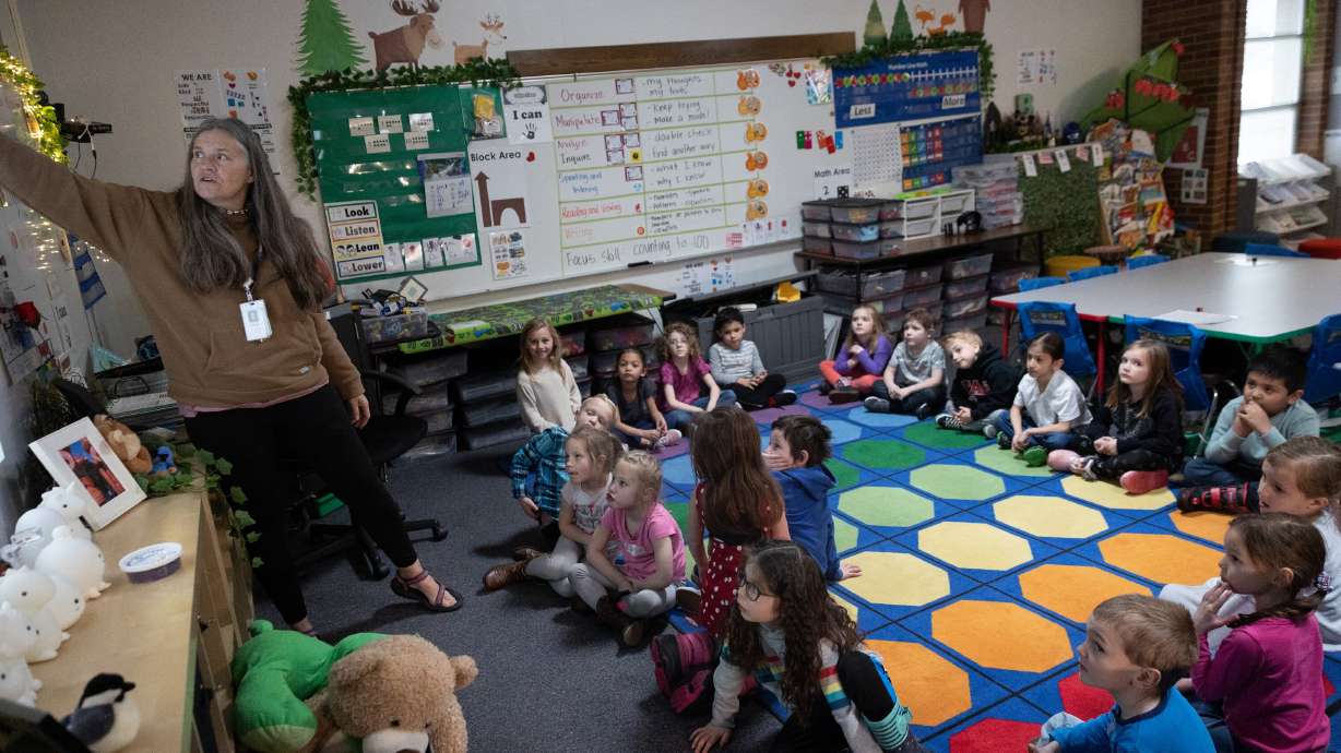 Stephanie Cobabe teaches a full-day kindergarten class at East Sandy Elementary School in Sandy on Feb. 27, 2023. Starting this fall, Utah public schools will require that children must be toilet trained to enroll in kindergarten.