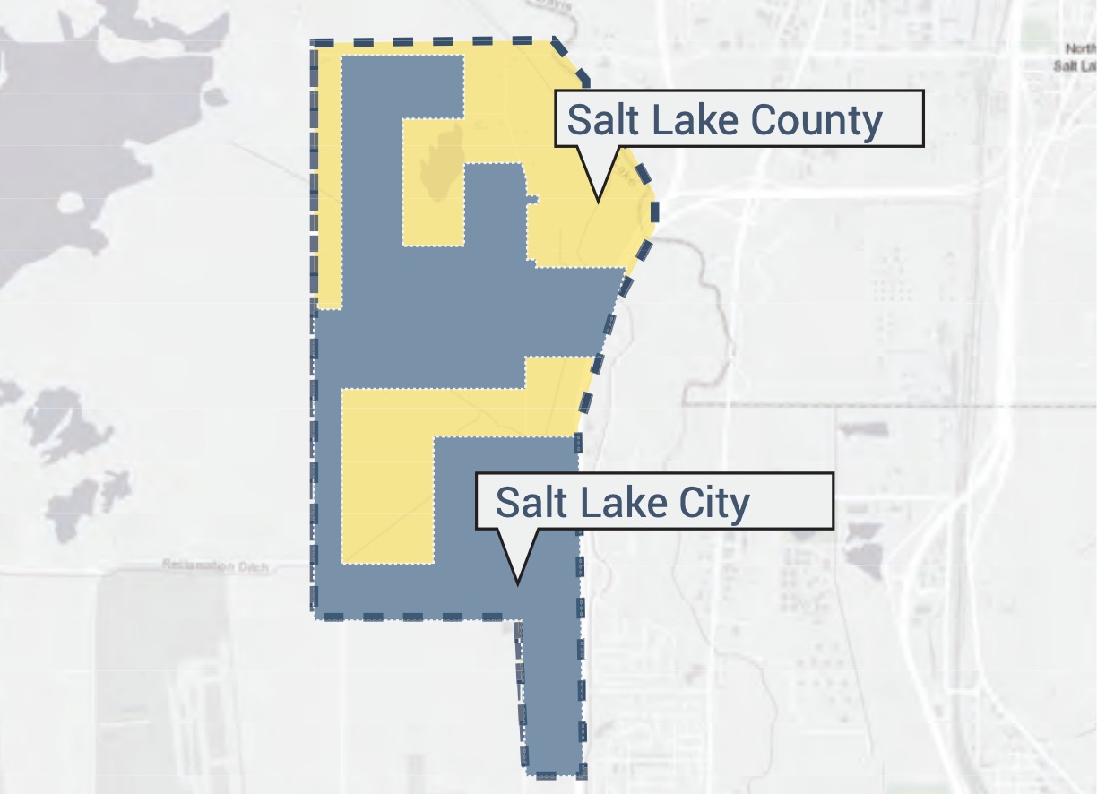 This map shows a rough breakdown of Salt Lake City and Salt Lake County-owned land within the Northpoint Small Area Plan that Salt Lake City approved in November 2023.