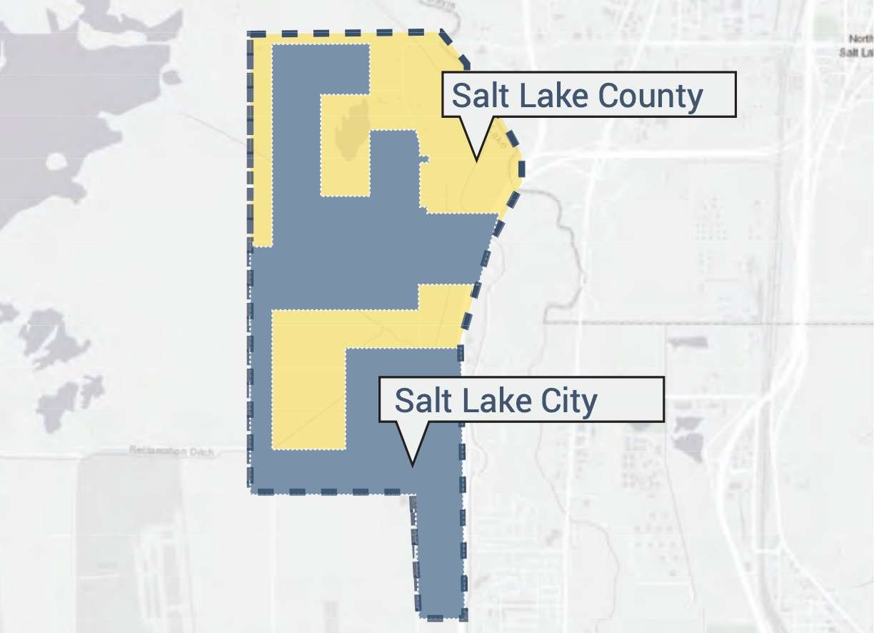 This map shows a rough breakdown of Salt Lake City and Salt Lake County-owned land within the Northpoint Small Area Plan that Salt Lake City approved in November 2023.