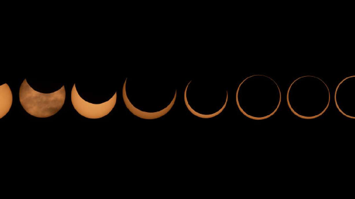 A composite image shows the different phases of an annular solar eclipse as seen from Torrey, Wayne County, on Oct. 14, 2023. A partial solar eclipse will be visible in Utah on Monday, April 8.