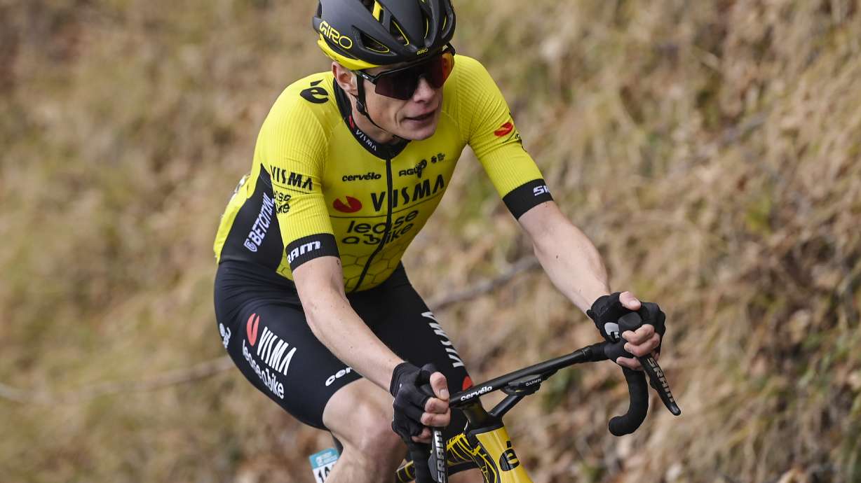 Denmark's Jonas Vingegaard pedals on his way to win the fifth stage of the Tirreno Adriatico cycling race, from Torricella Sicura to Valle Castellana, Italy, Friday, March 8, 2024. Two-time defending Tour de France champion Jonas Vingegaard remained hospitalized in Spain a day after he broke his collarbone and several ribs in a bad crash with other top riders during the Tour of Basque Country.