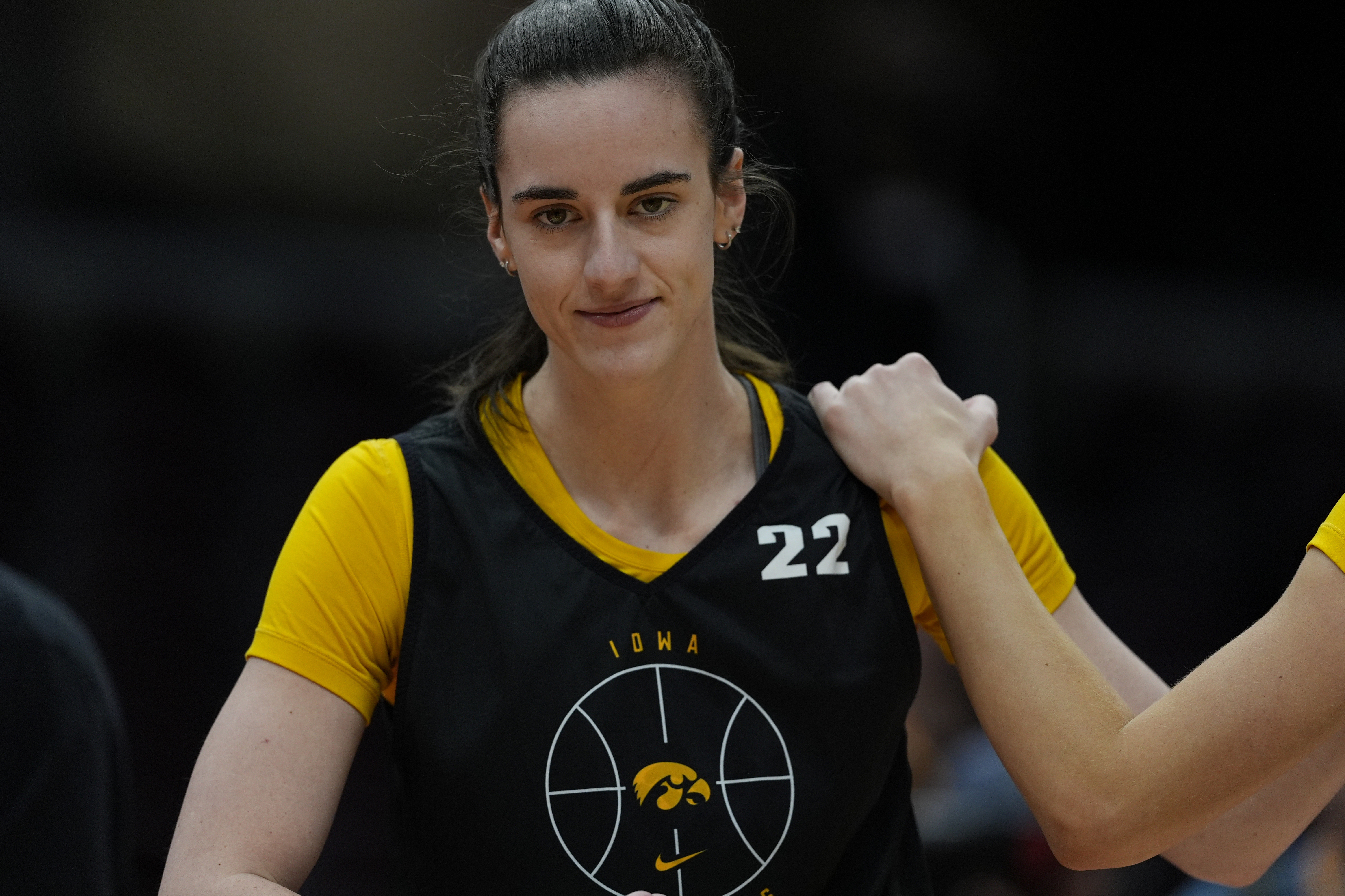 Iowa's Caitlin Clark smiles during a practice for an NCAA Women's Final Four semifinals basketball game Thursday, April 4, 2024, in Cleveland. 