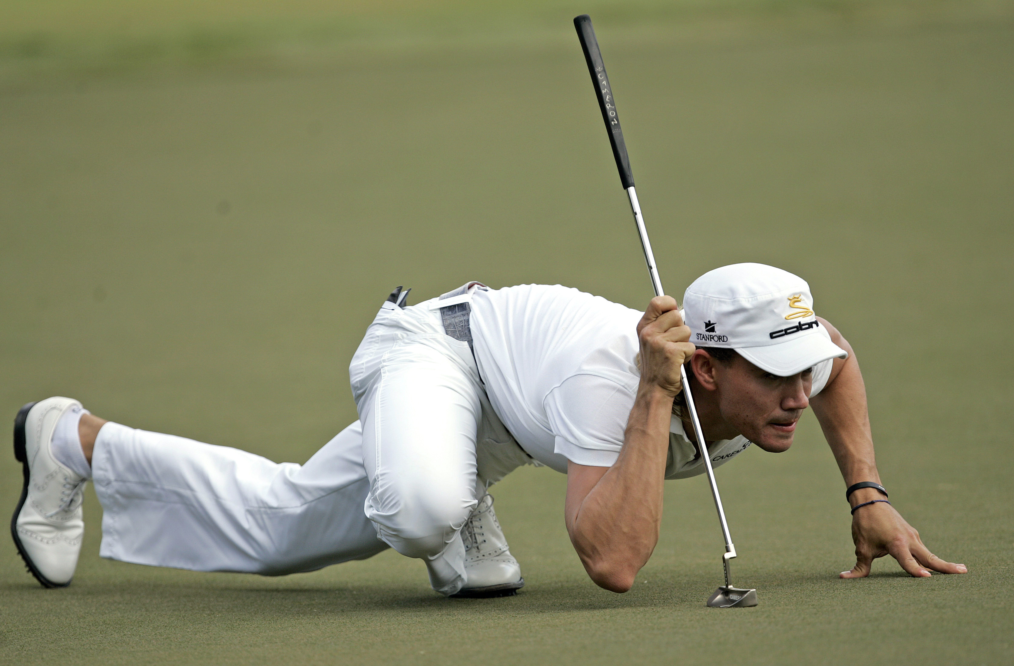 FILE - Camilo Villegas lines up a putt on the third green during the final round of the Tour Championship golf tournament at East Lake Golf Club in Atlanta, Sunday, Sept. 28, 2008. Villegas is back in the Masters for the first time in nine years.
