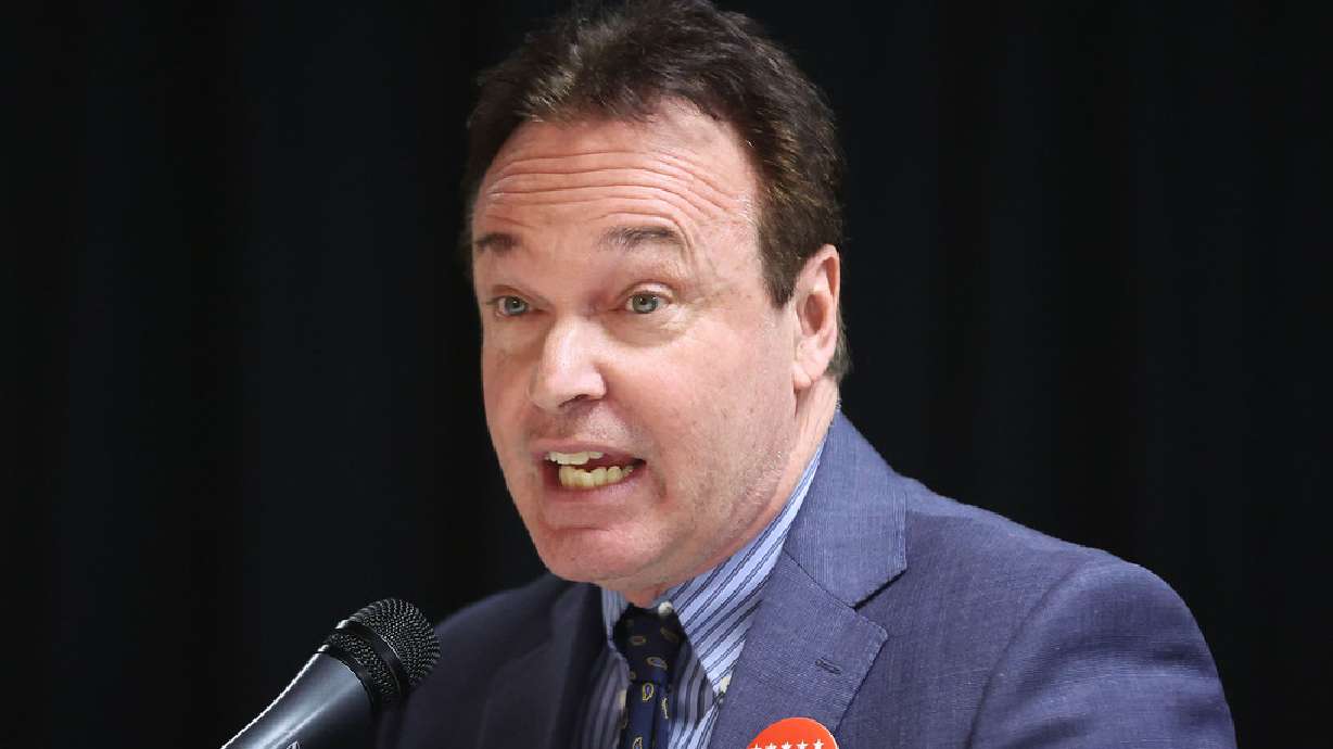 Republican Utah attorney general candidate Frank Mylar speaks to attendees at the Holladay City Hall in Holladay on April 4. Mylar was charged Wednesday with offering a bribe during the election to a fellow candidate.